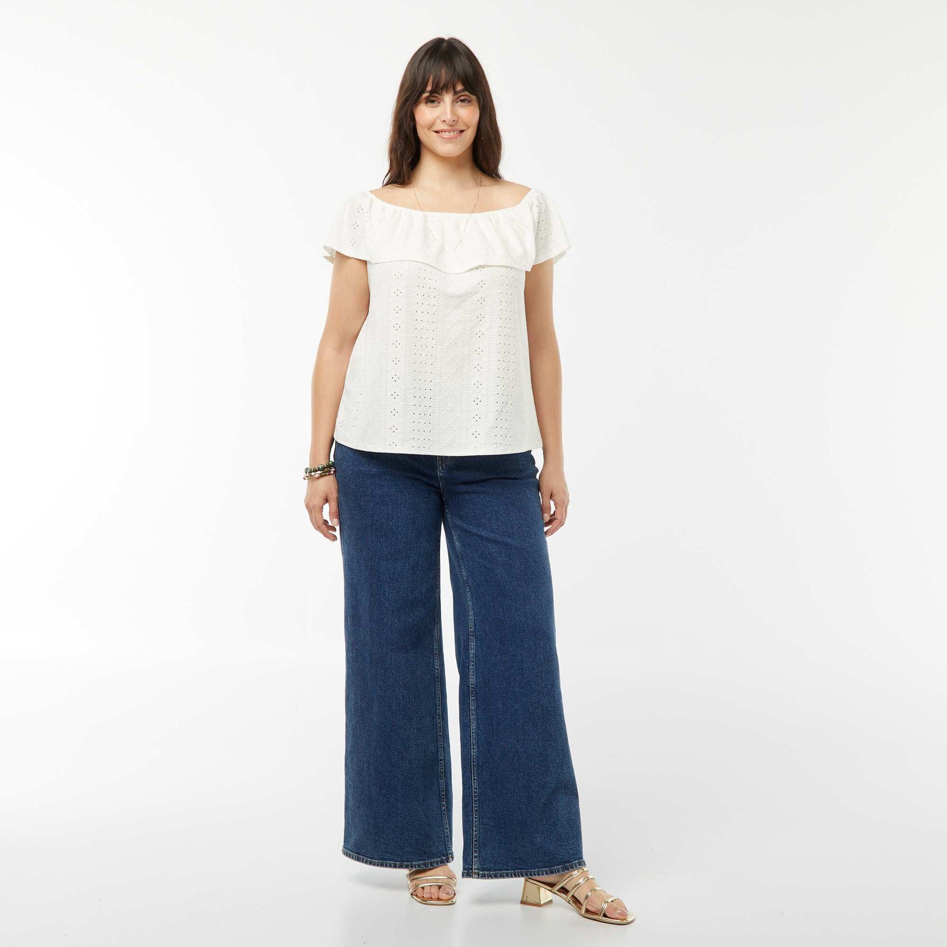 T-shirt en broderie anglaises sans manches avec large volant au col BLANC
