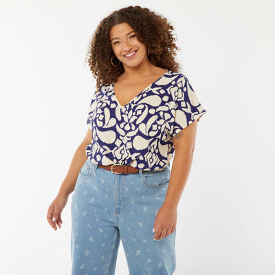 T-shirt en maille gaufrée manches courtes à motif BLEU