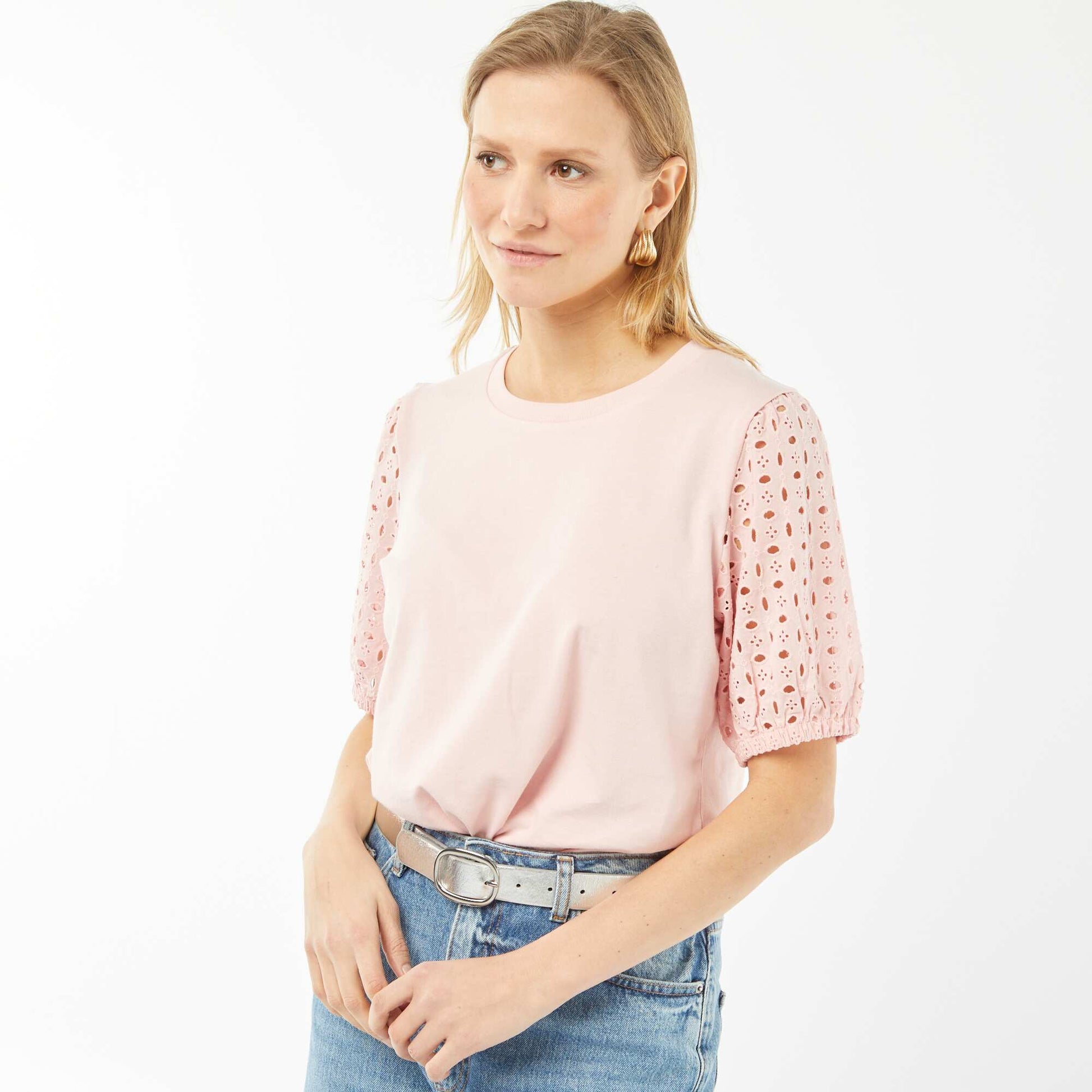 T-shirt uni manches courtes avec borderies anglaises ROSE