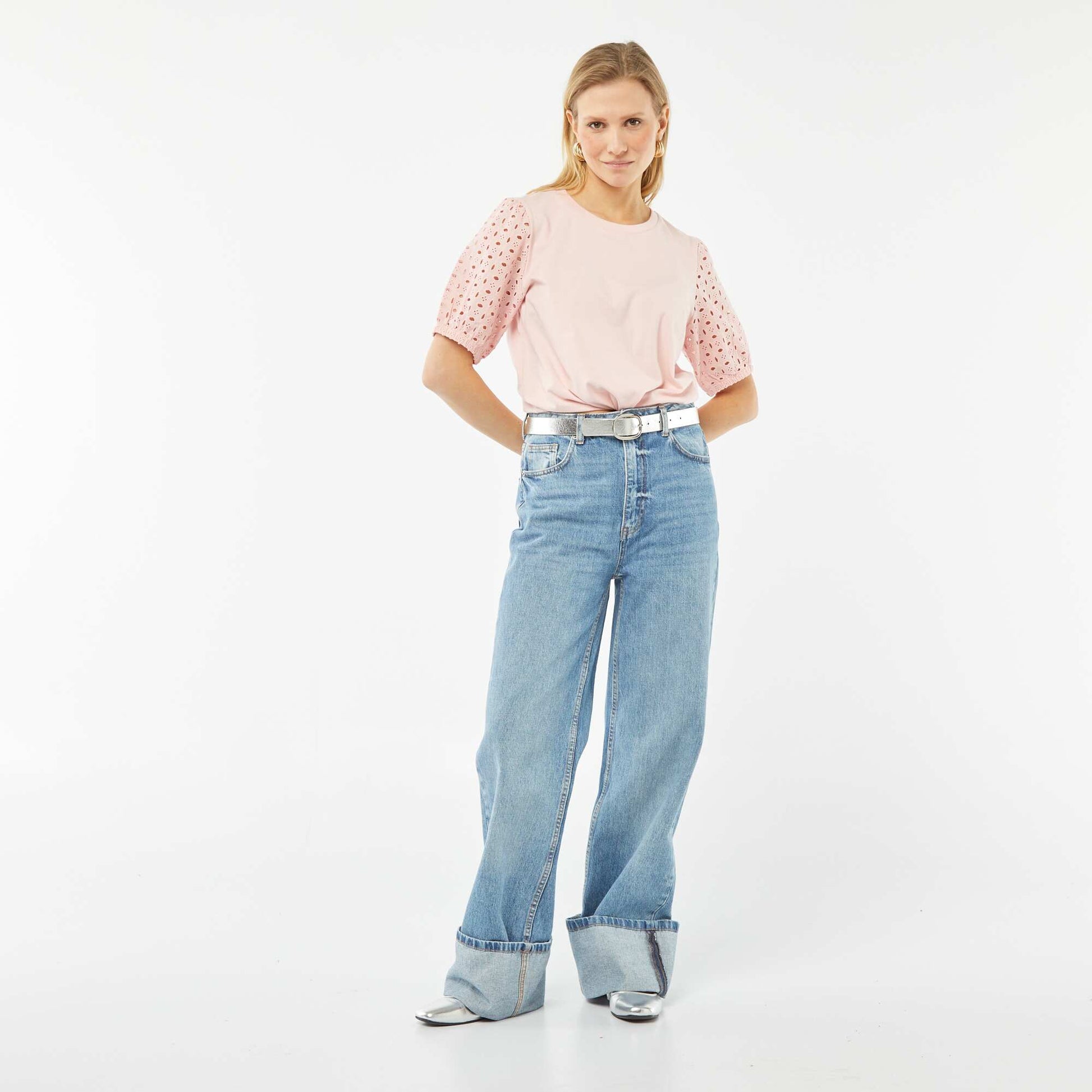 T-shirt uni manches courtes avec borderies anglaises ROSE