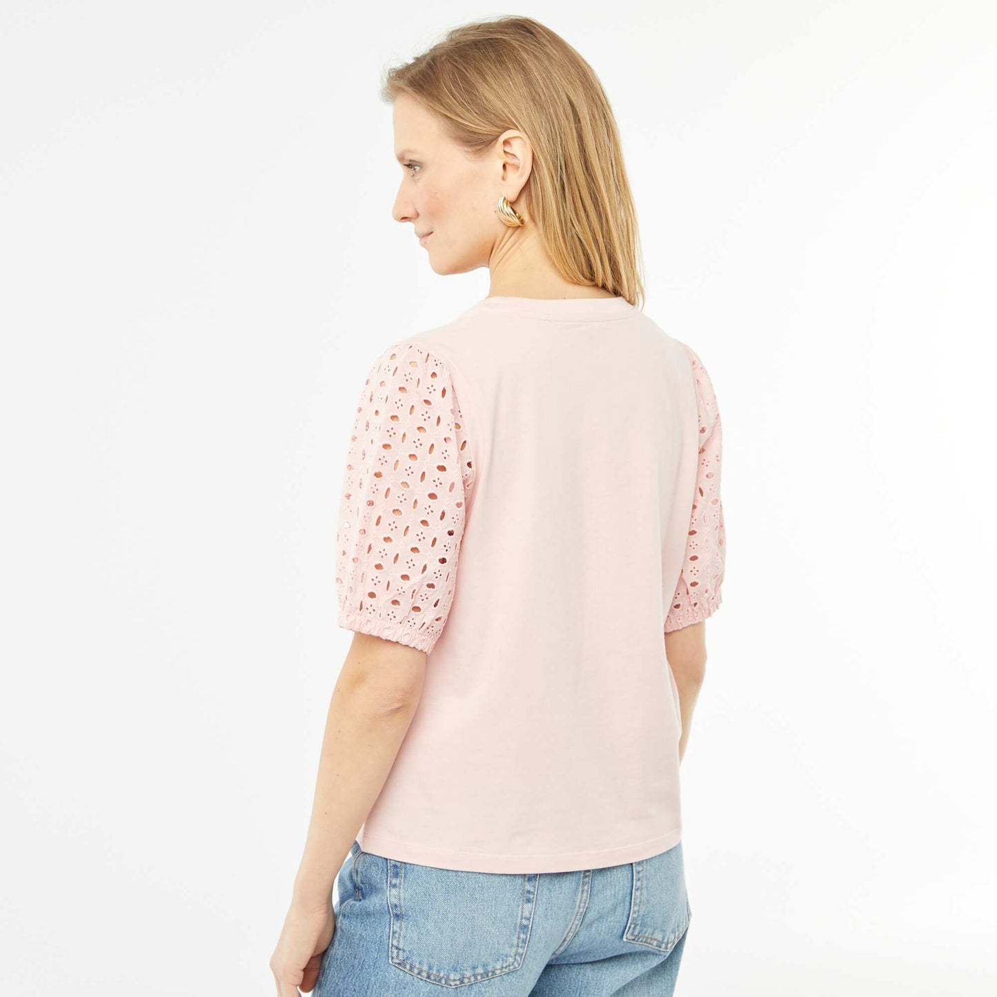 T-shirt uni manches courtes avec borderies anglaises ROSE