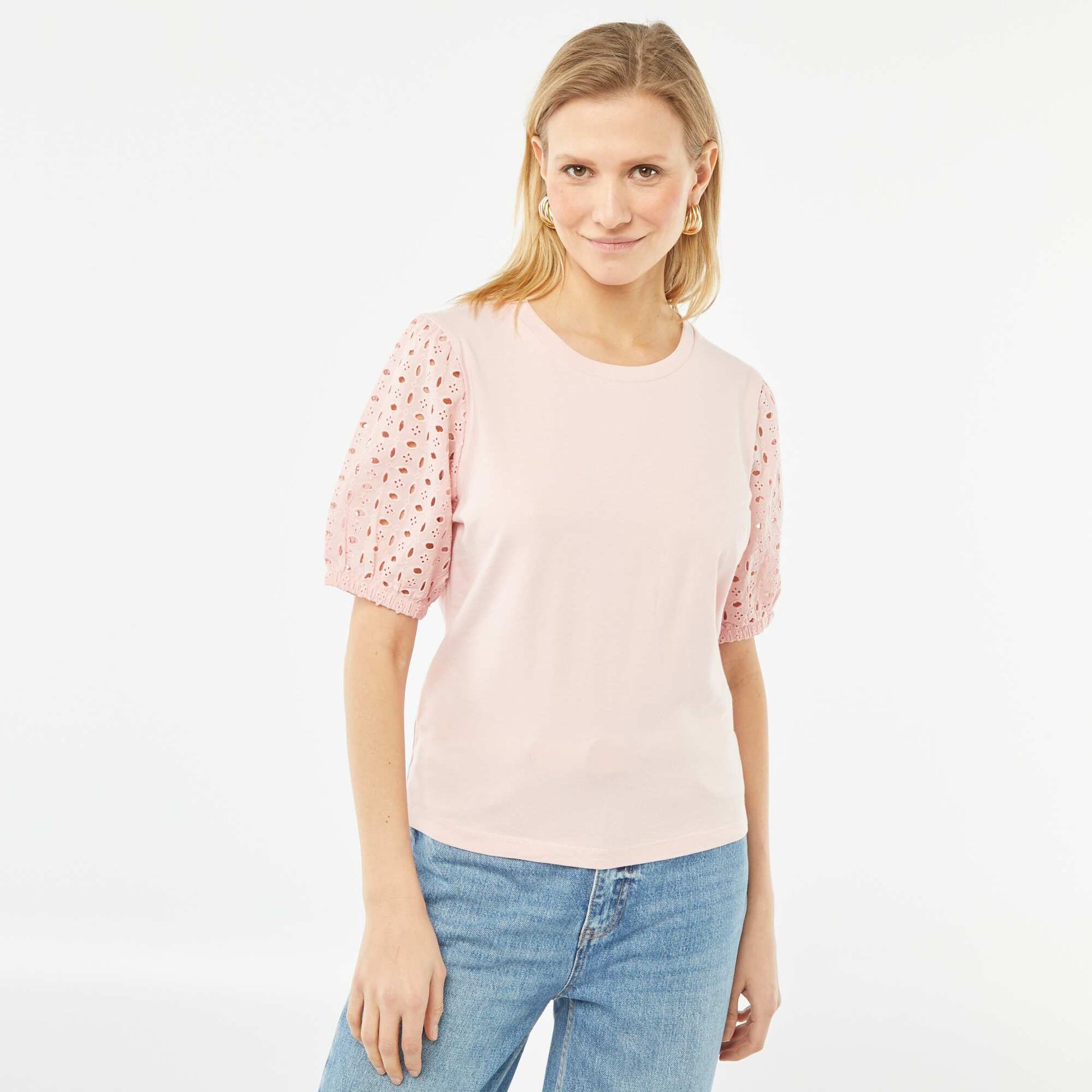 T-shirt uni manches courtes avec borderies anglaises ROSE
