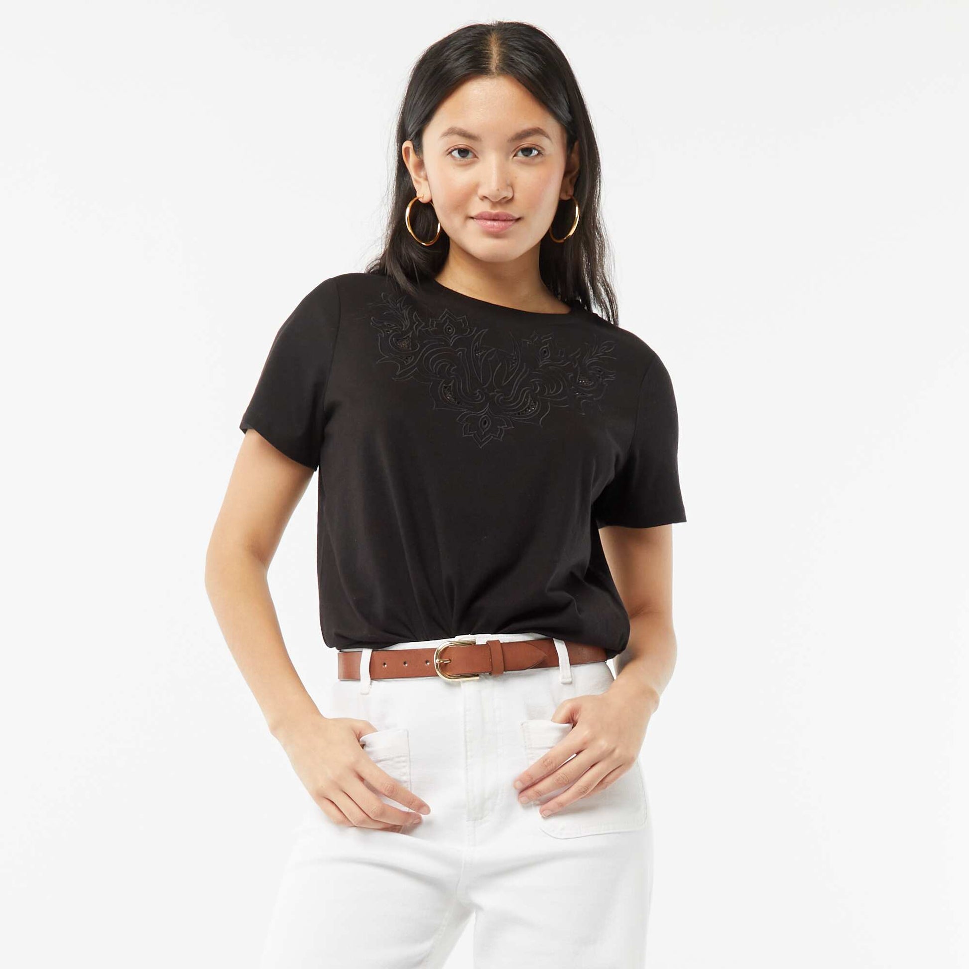 T-shirt à manches courtes avec broderies fantaisies NOIR