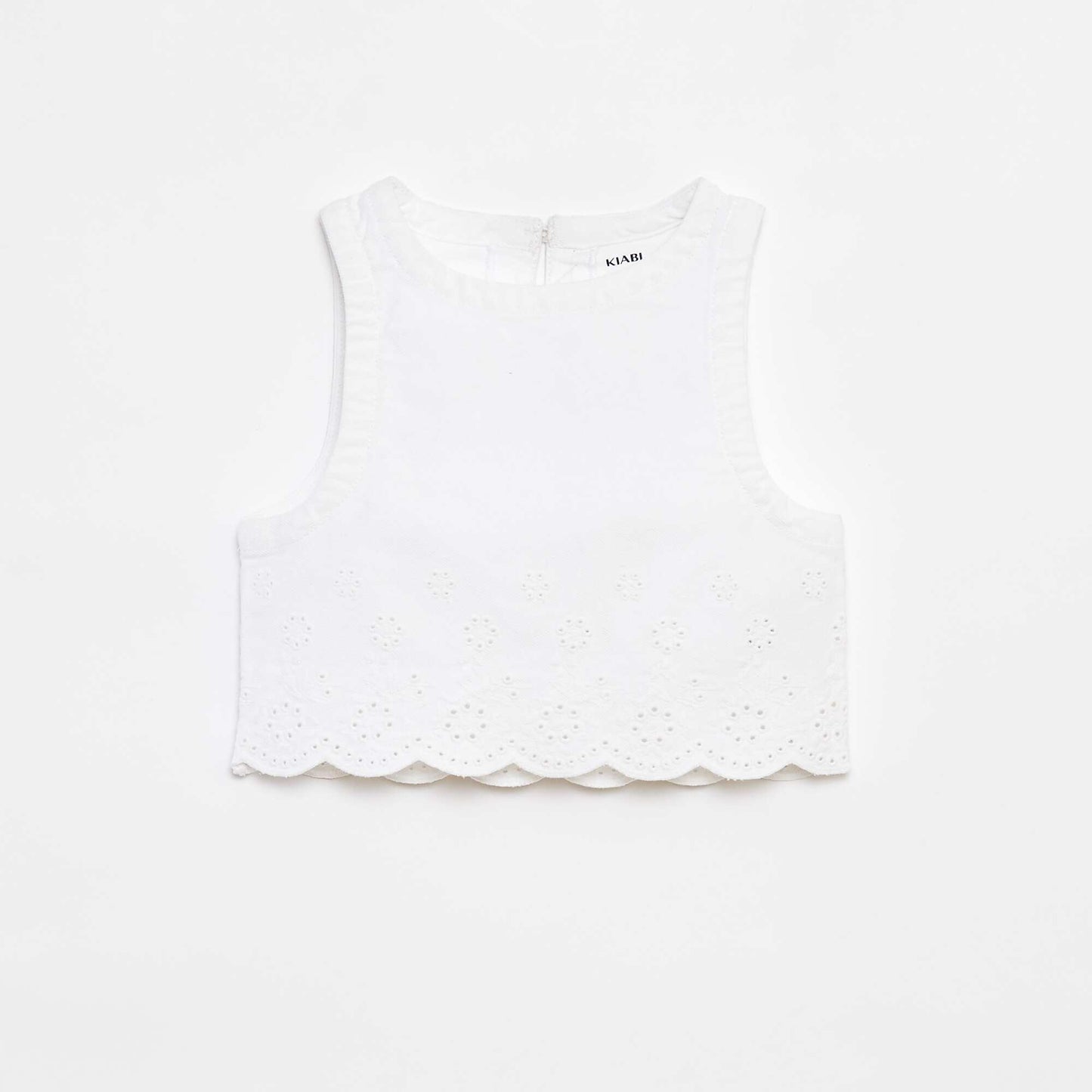 Blouse en denim sans manches avec broderies anglaises BLANC