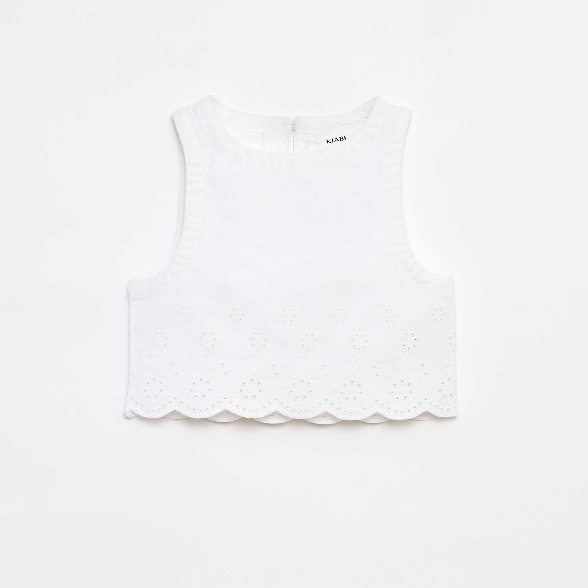 Blouse en denim sans manches avec broderies anglaises BLANC