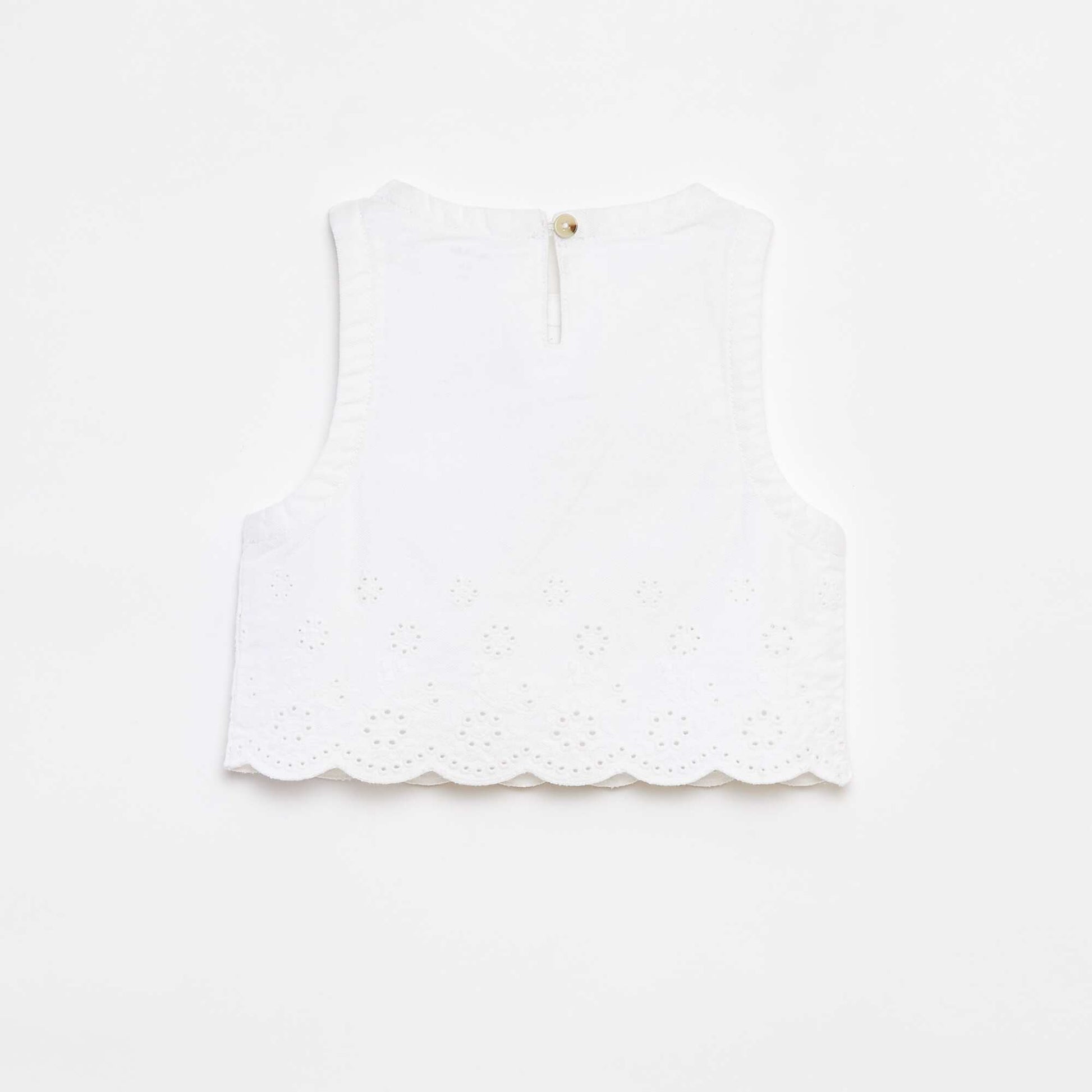 Blouse en denim sans manches avec broderies anglaises BLANC