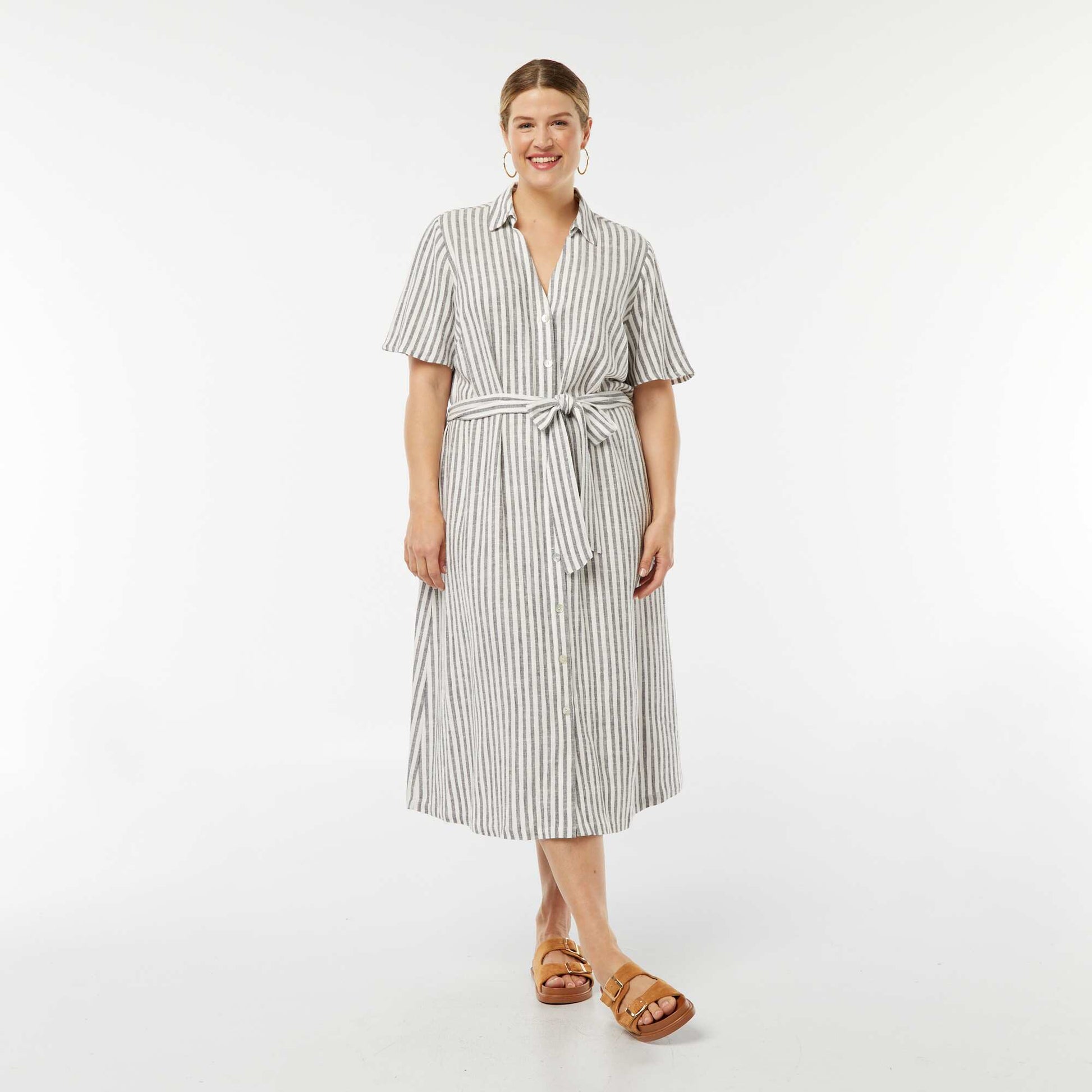 Robe longue à manches courtes avec ceinture GRIS RAYé