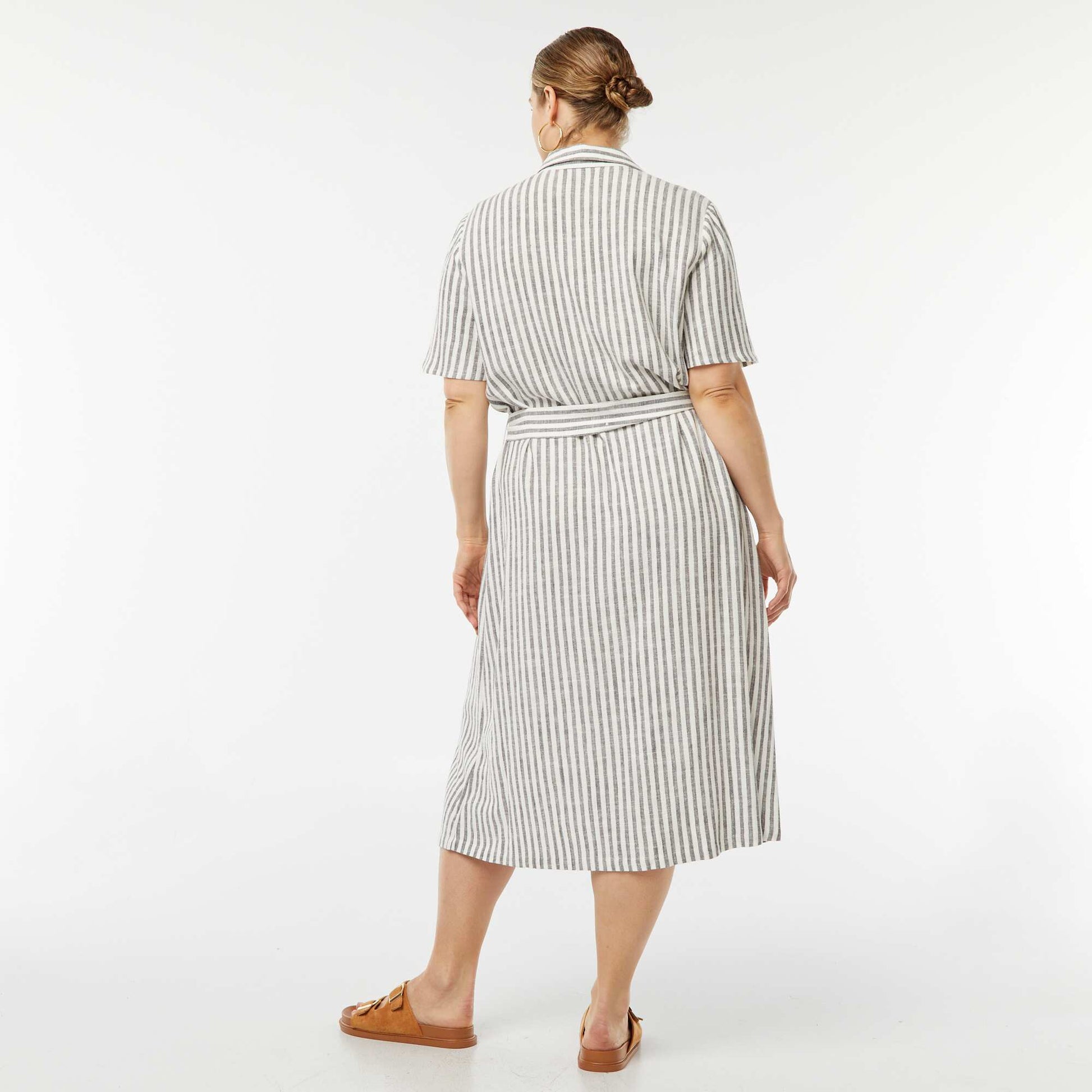 Robe longue à manches courtes avec ceinture GRIS RAYé