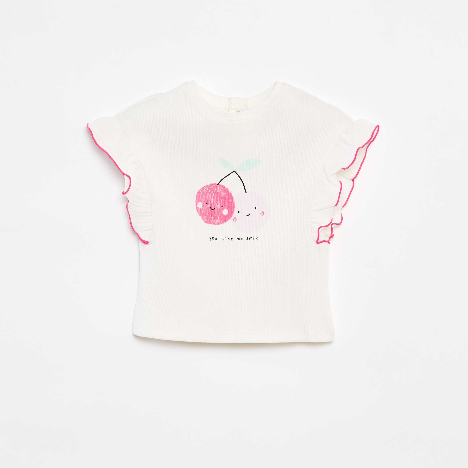 Tee-shirt en maille côtelée avec manches volantées BLANC/ROSE