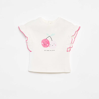 Tee-shirt en maille côtelée avec manches volantées BLANC/ROSE