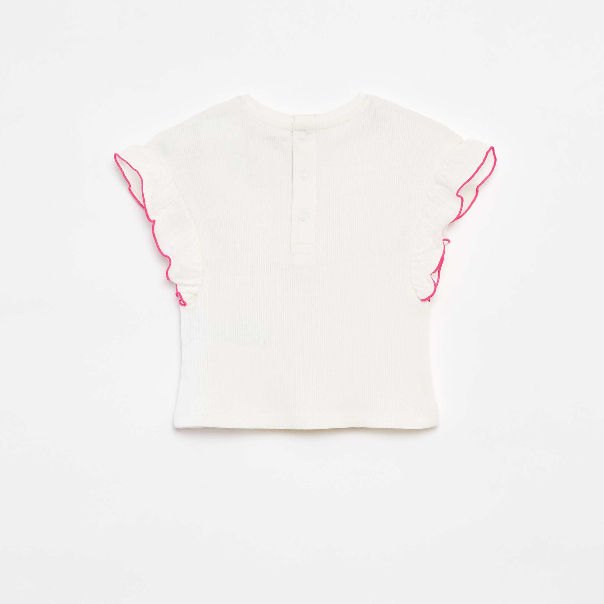 Tee-shirt en maille côtelée avec manches volantées BLANC/ROSE
