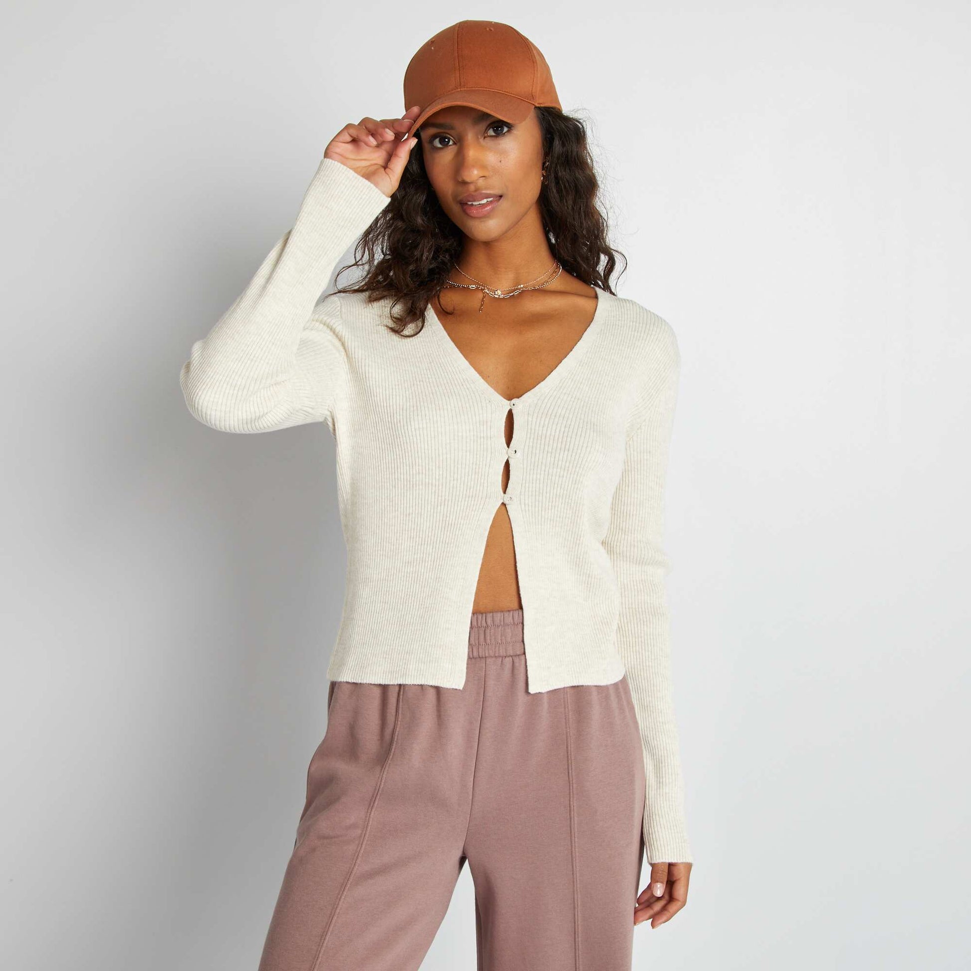 Gilet cropped en maille côtelée Beige