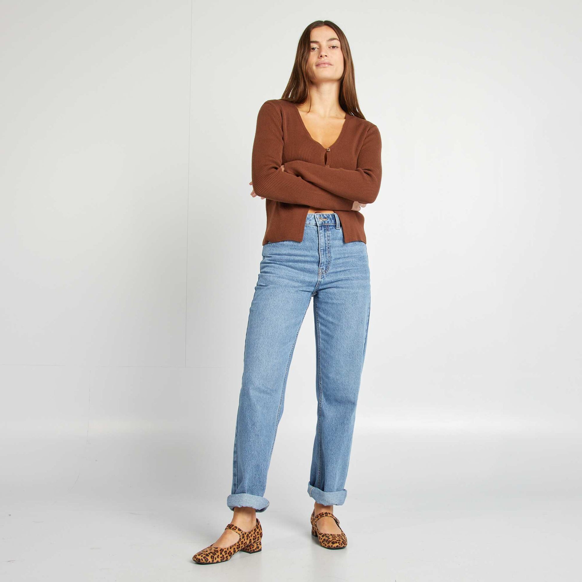 Gilet cropped en maille côtelée Marron