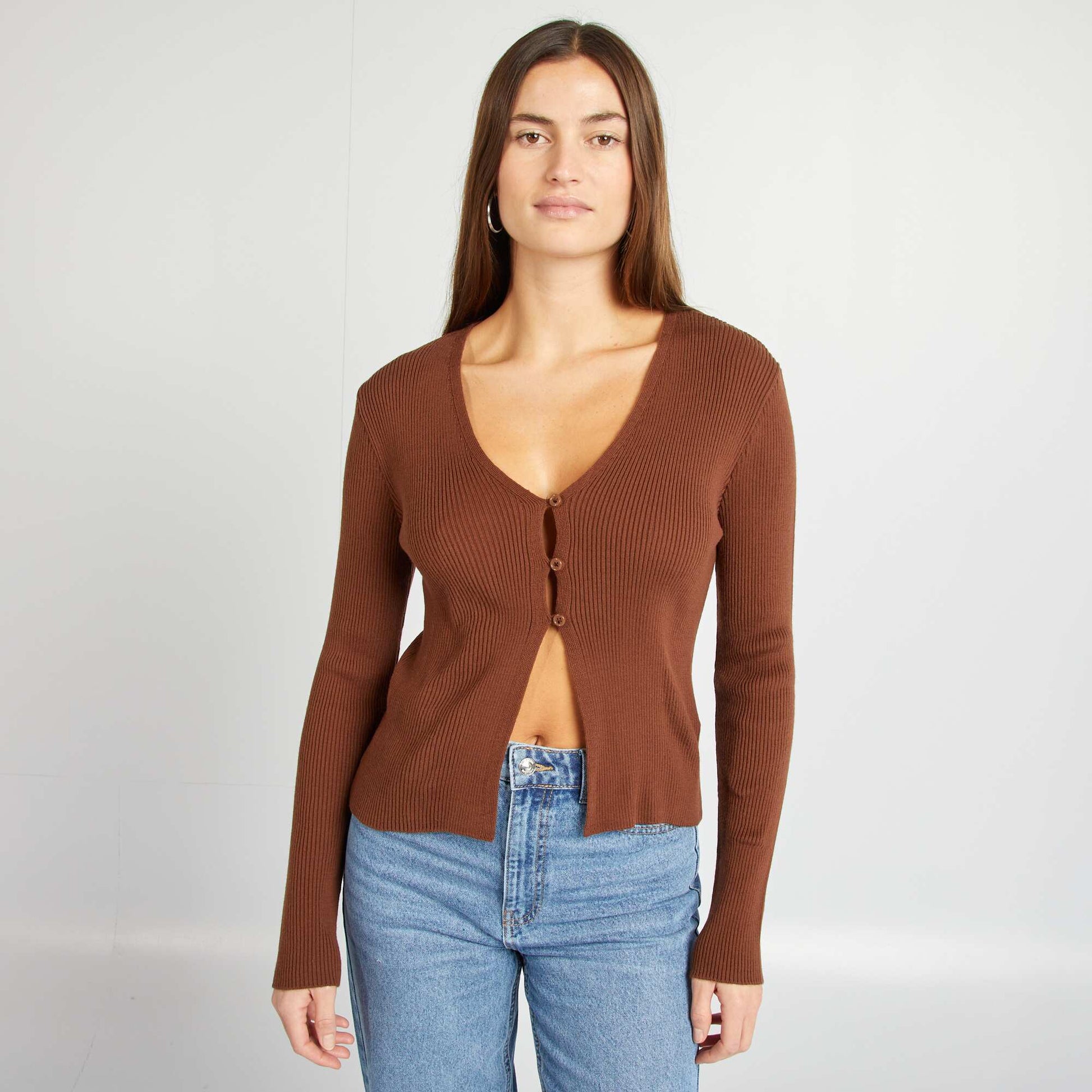 Gilet cropped en maille côtelée Marron