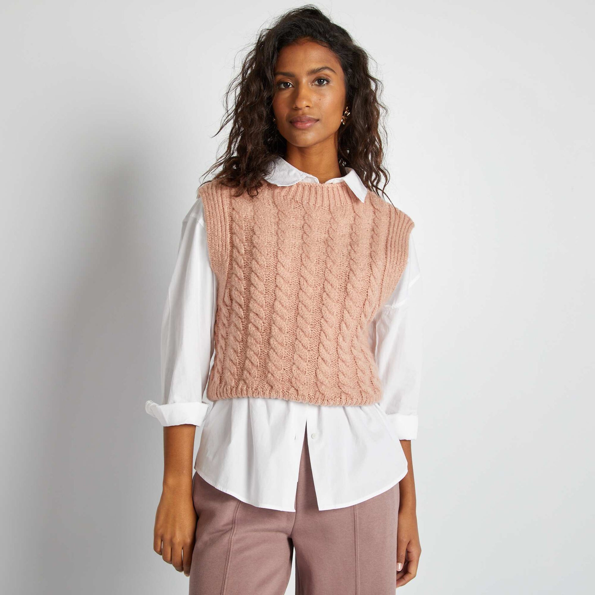 Pull sans manches avec maille torsadée Rose