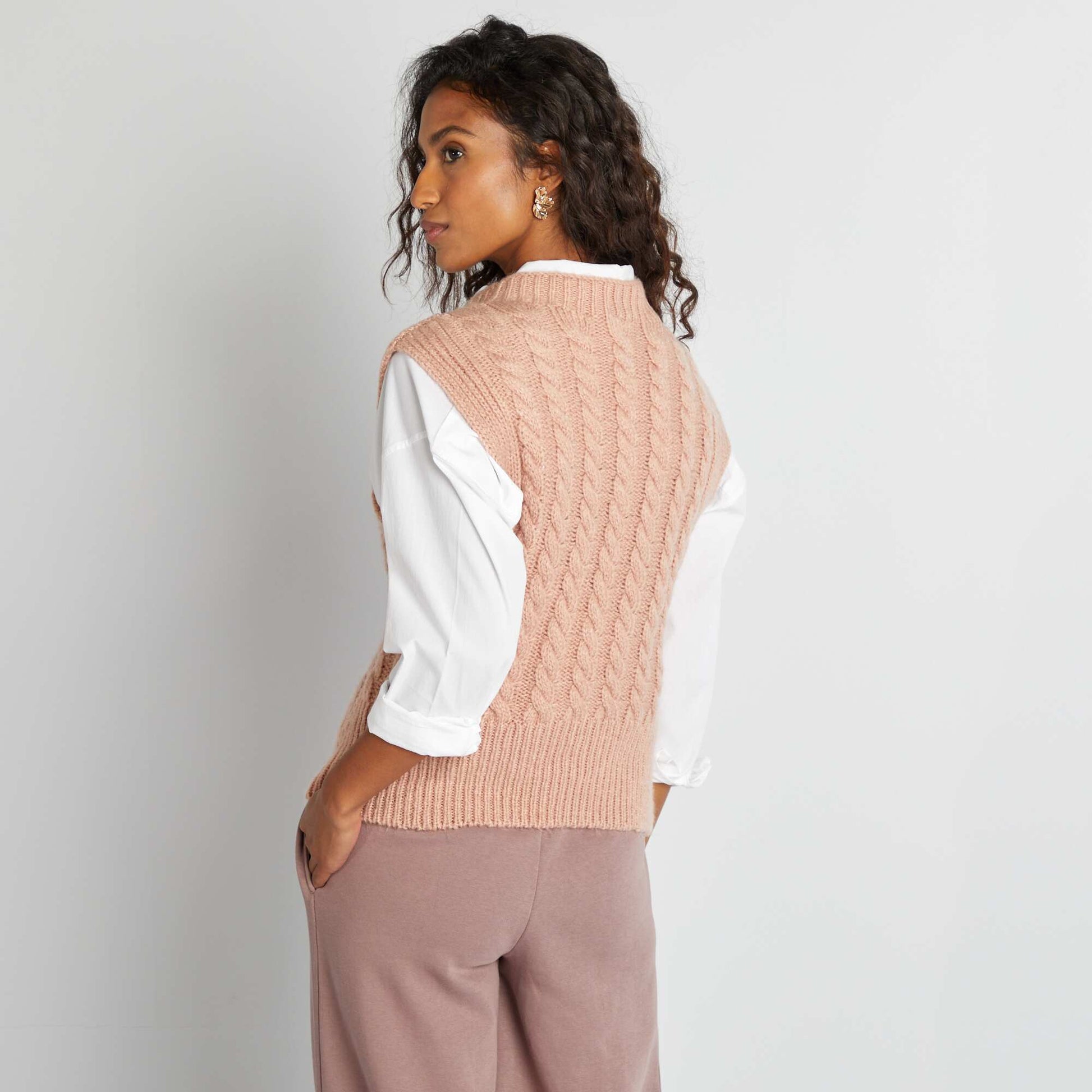 Pull sans manches avec maille torsadée Rose