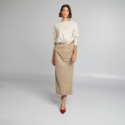 Jupe midi rayée avec fente Beige