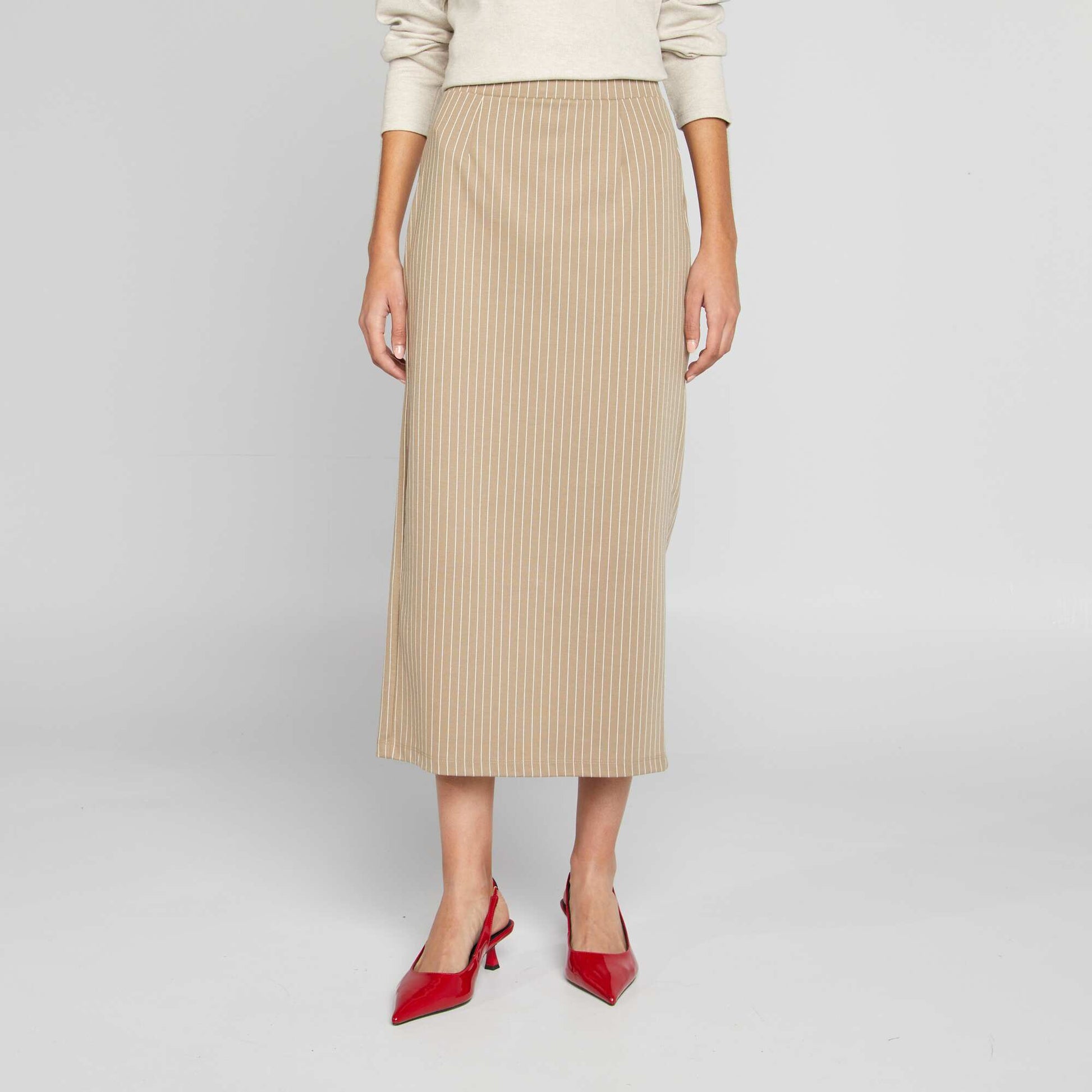 Jupe midi rayée avec fente Beige