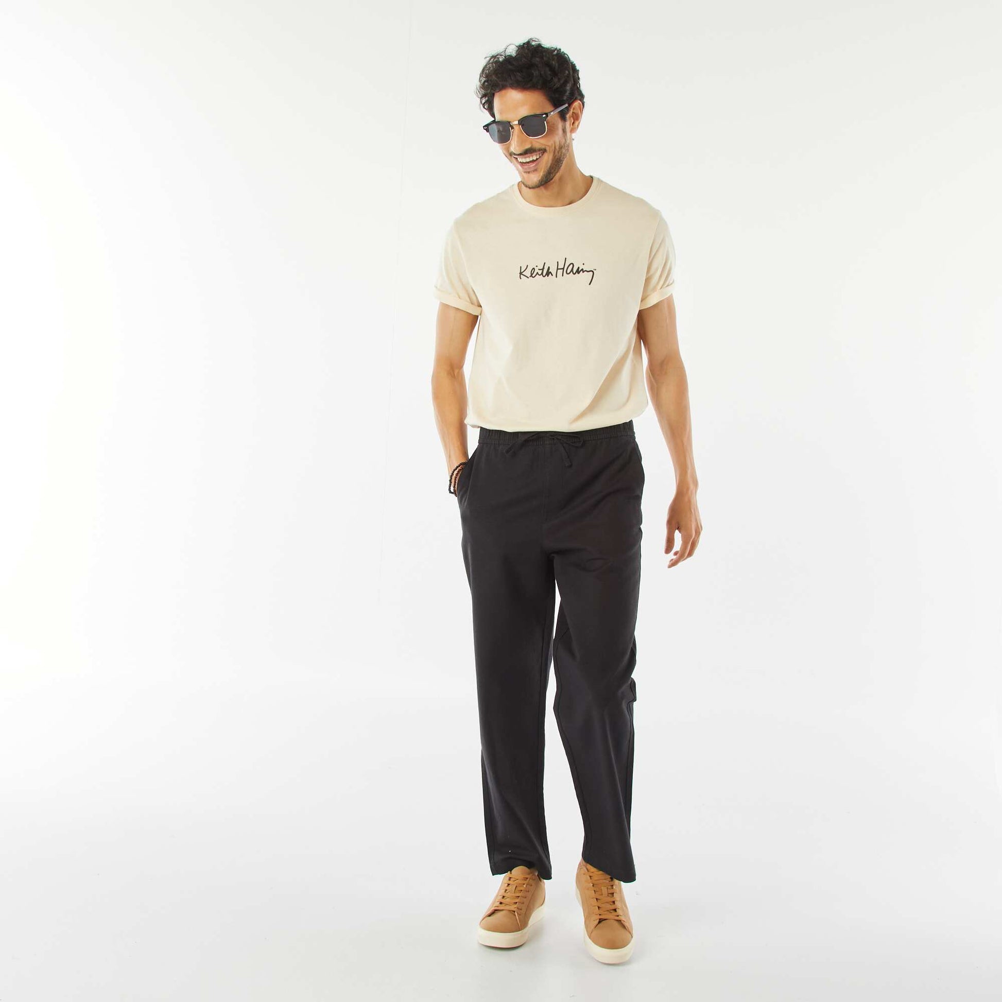 Pantalon avec taille élastiquée et liens à nouer NOIR