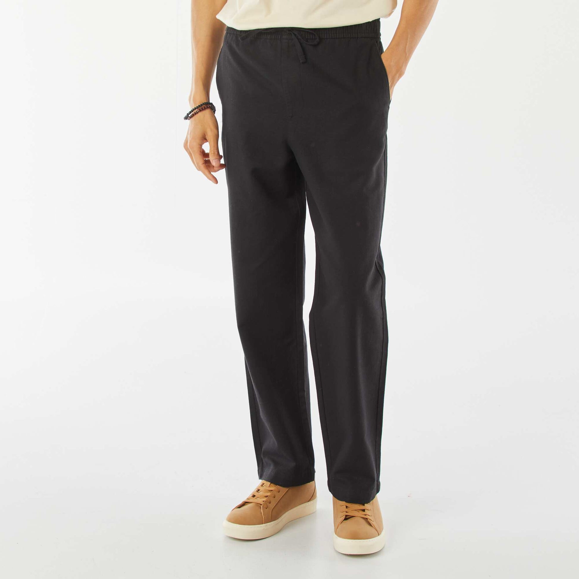 Pantalon avec taille élastiquée et liens à nouer NOIR