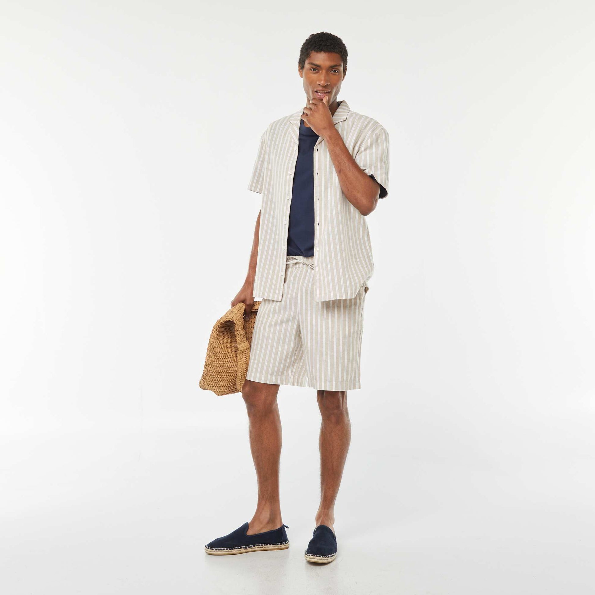 Short en lin mélangé à motif rayé BEIGE
