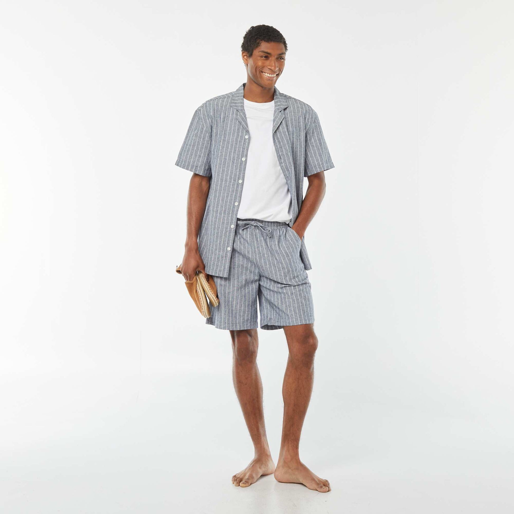 Short en lin mélangé à motif rayé BLEU