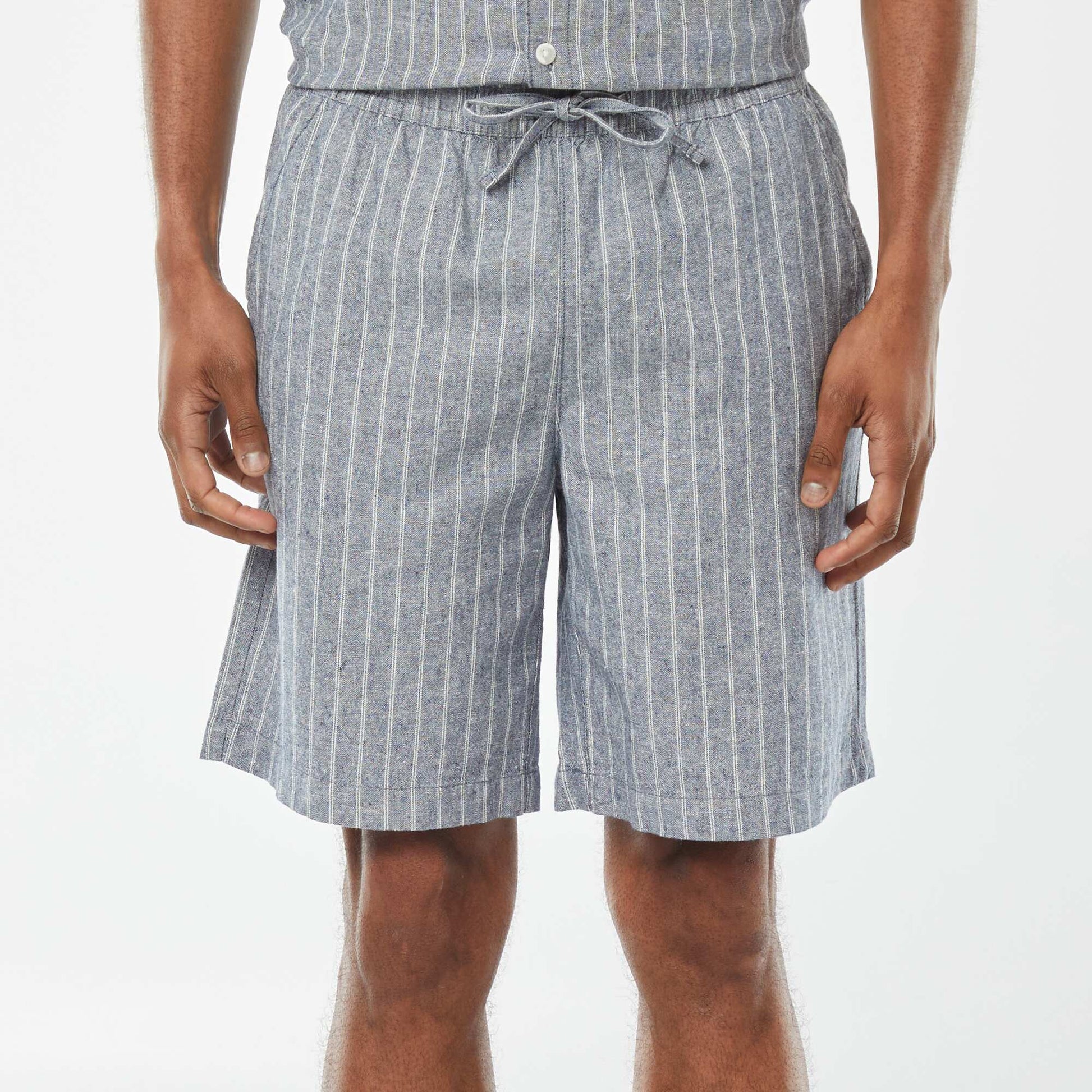 Short en lin mélangé à motif rayé BLEU
