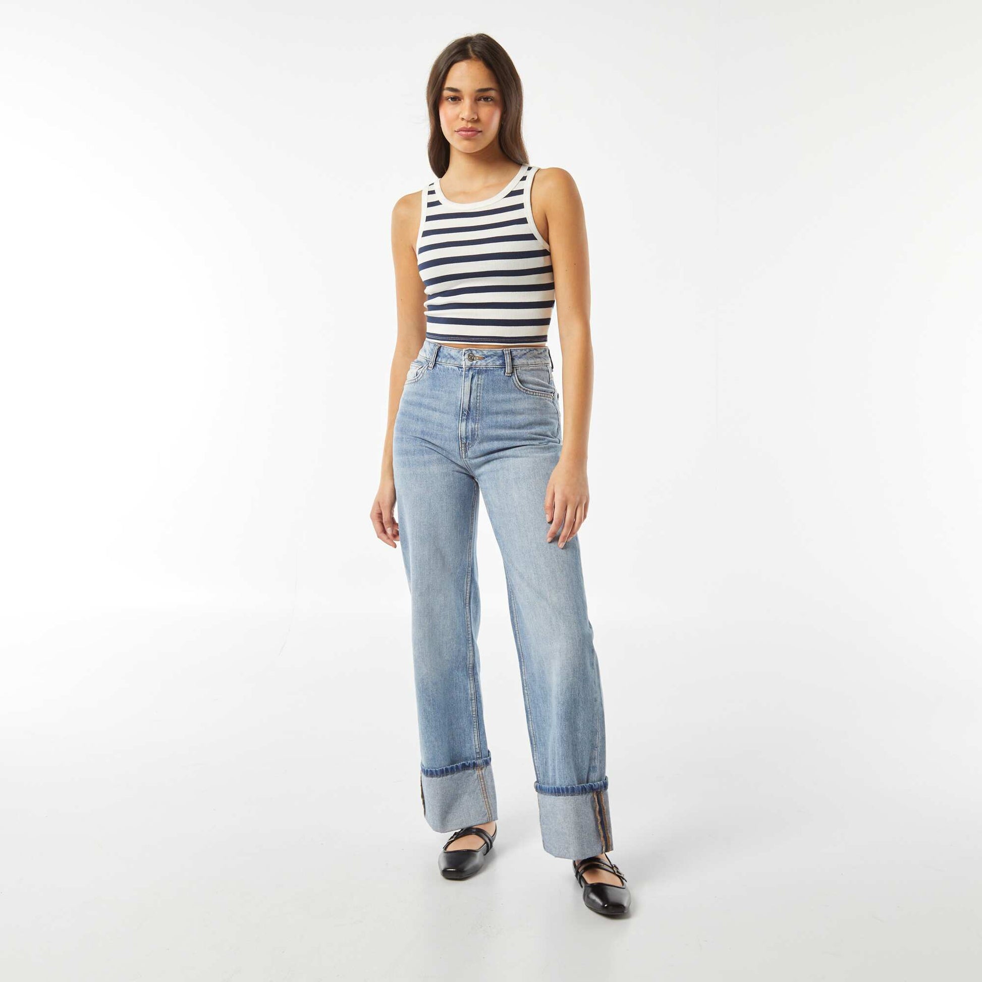 Pantalon wide leg avec large revers à la base BLEU