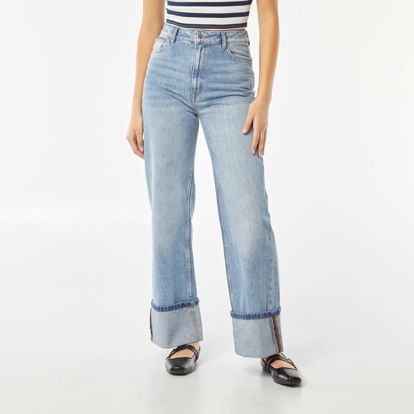 Pantalon wide leg avec large revers à la base BLEU