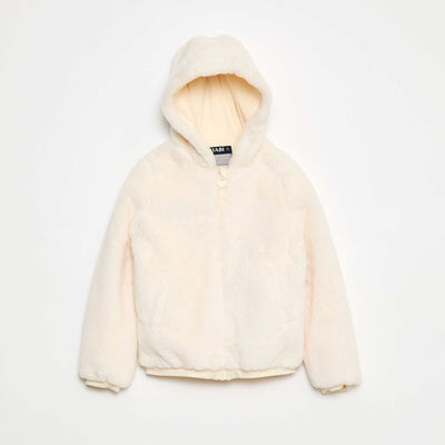 Blouson zippé à capuche en fausse fourrure BLANC