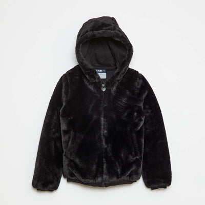 Blouson zippé à capuche en fausse fourrure NOIR