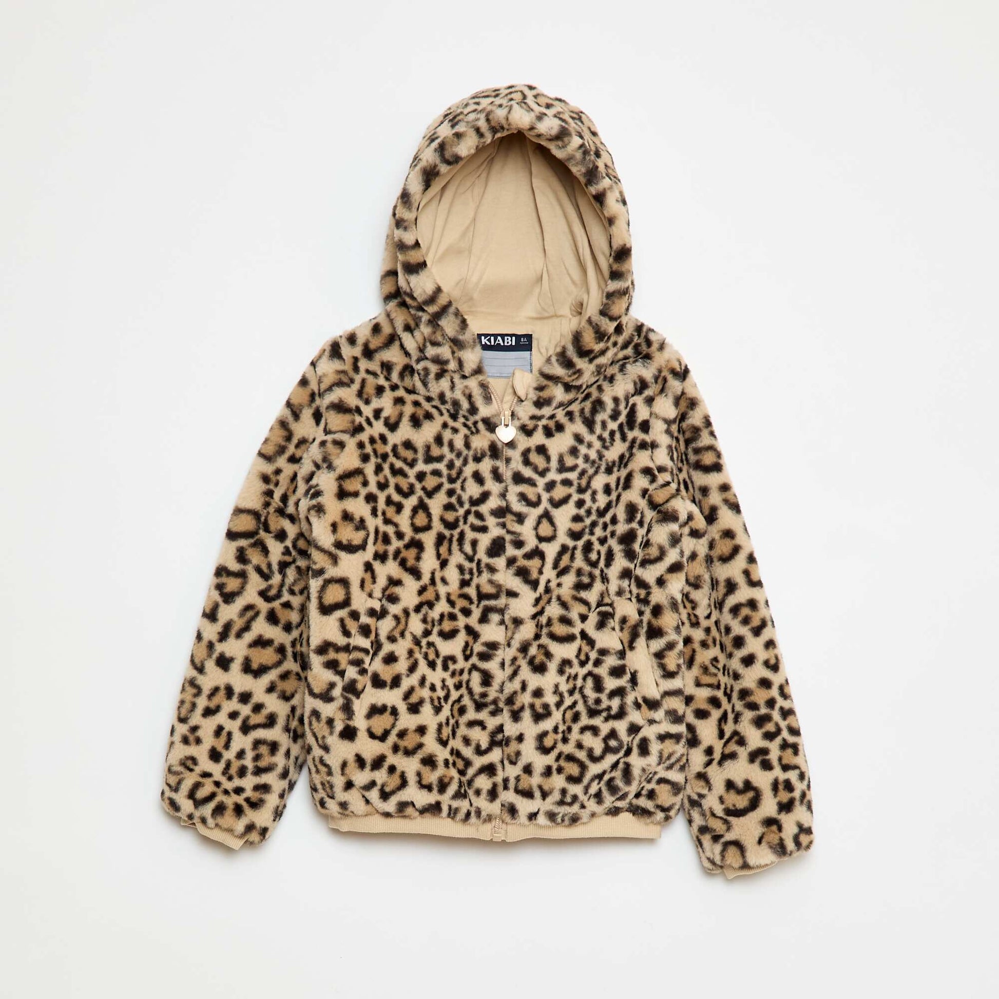 Blouson zippé à capuche en fausse fourrure MARRON