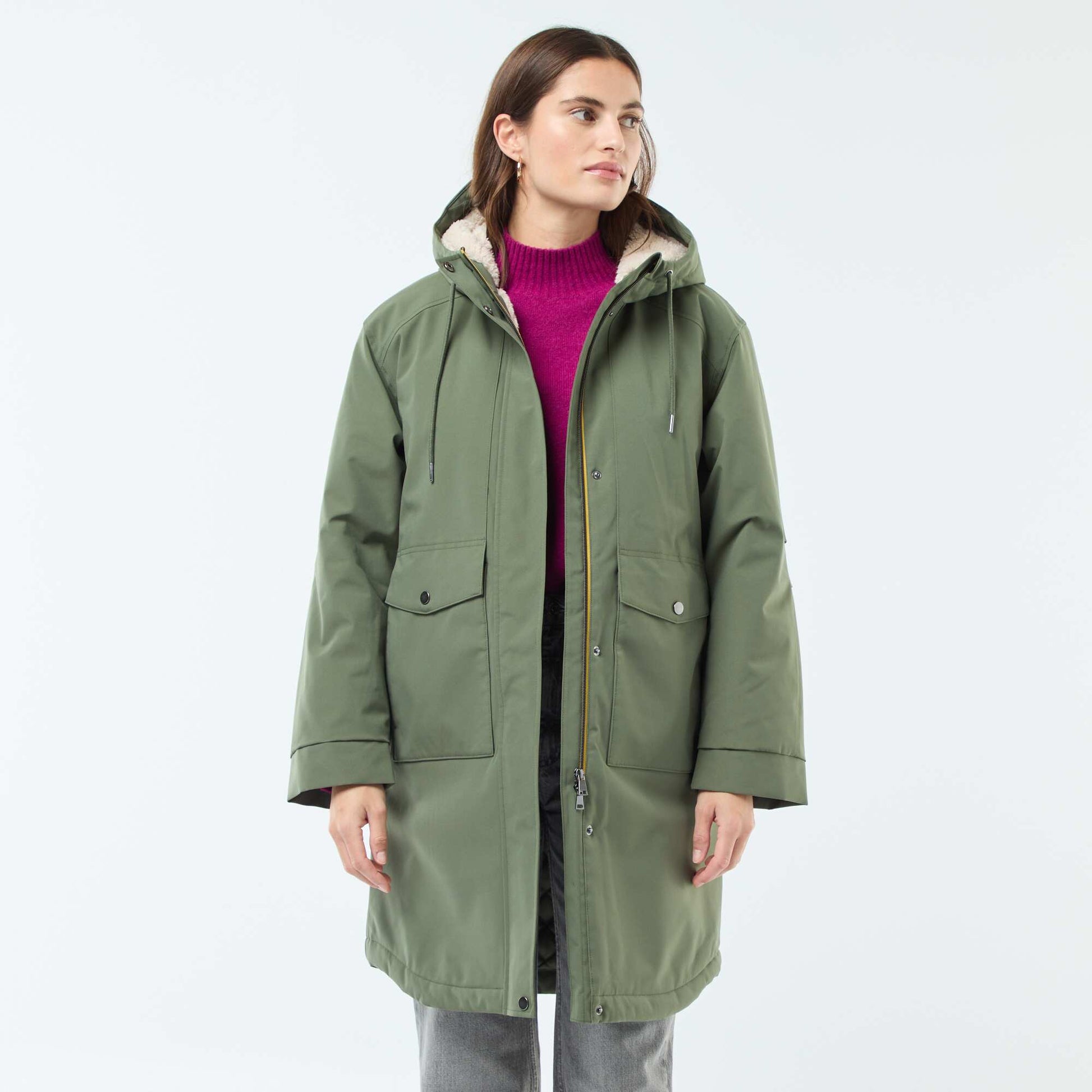 Parka longue à capuche doublure effet moutonné VERT
