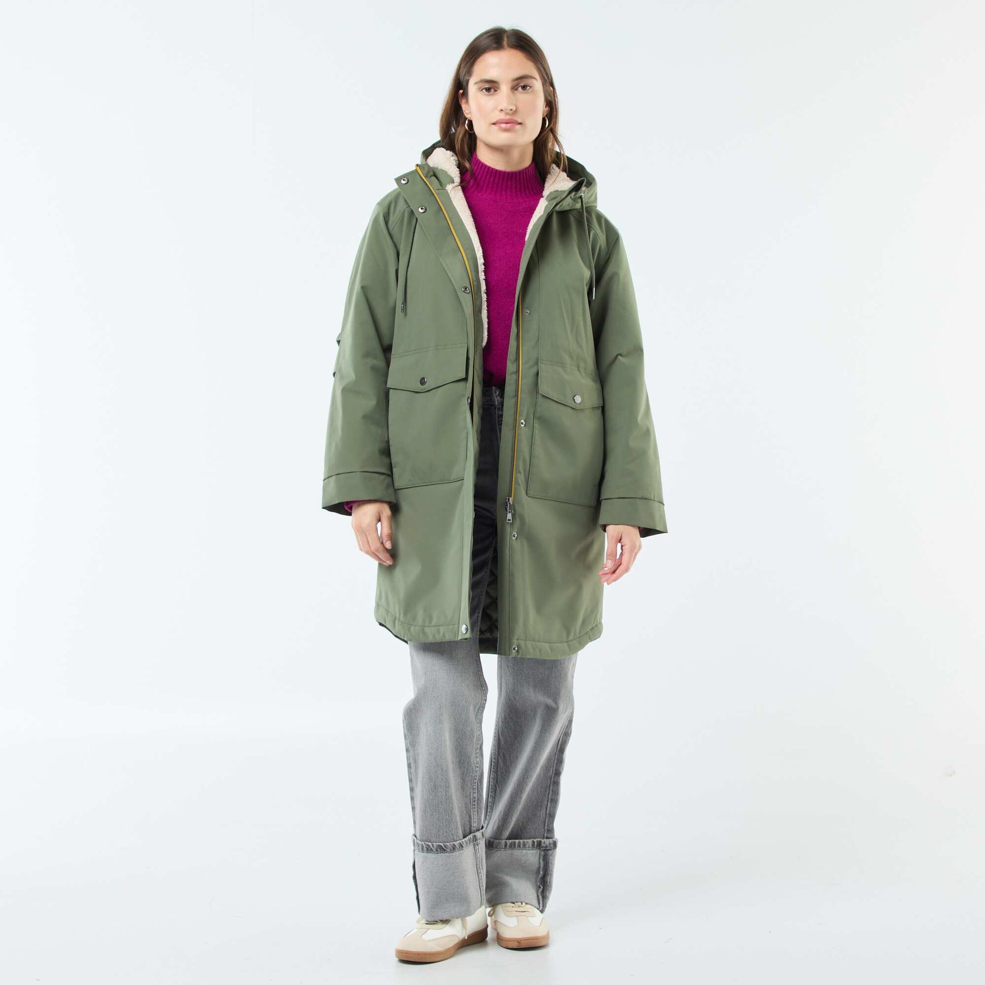Parka longue à capuche doublure effet moutonné VERT
