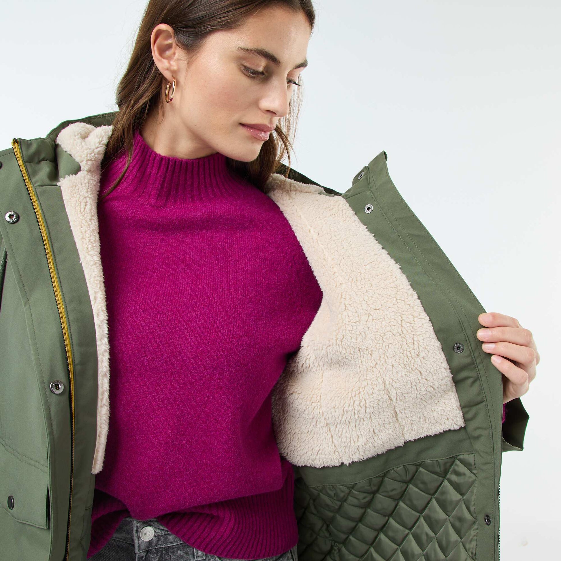 Parka longue à capuche doublure effet moutonné VERT