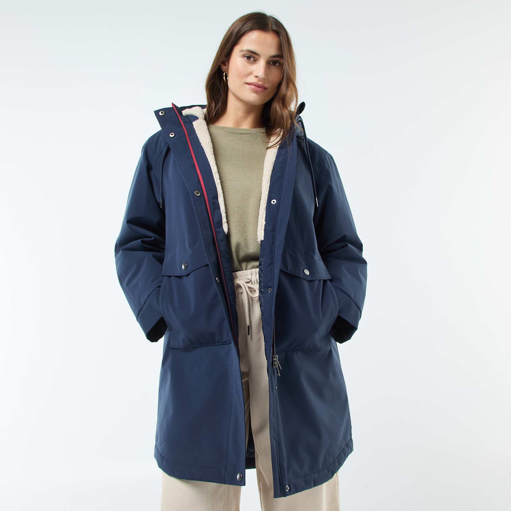 Parka longue à capuche doublure effet moutonné BLEU