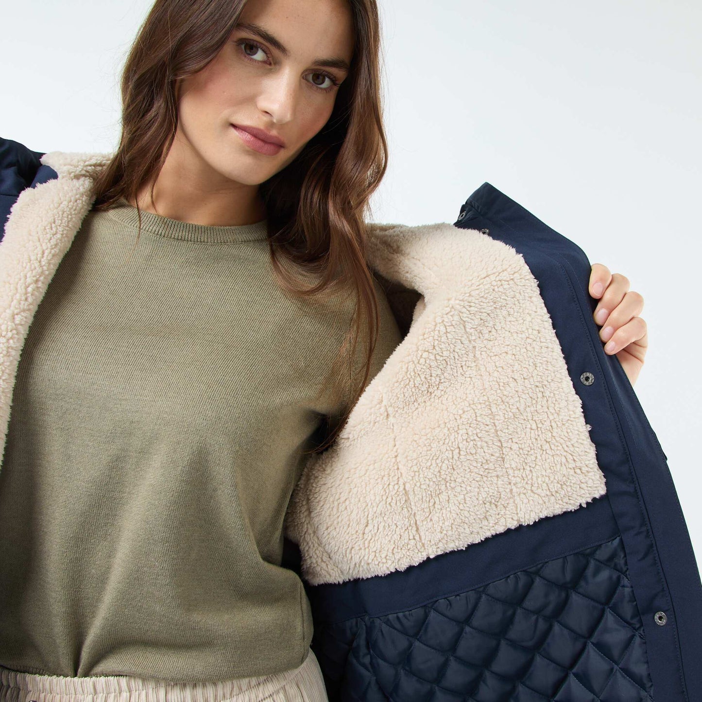 Parka longue à capuche doublure effet moutonné BLEU