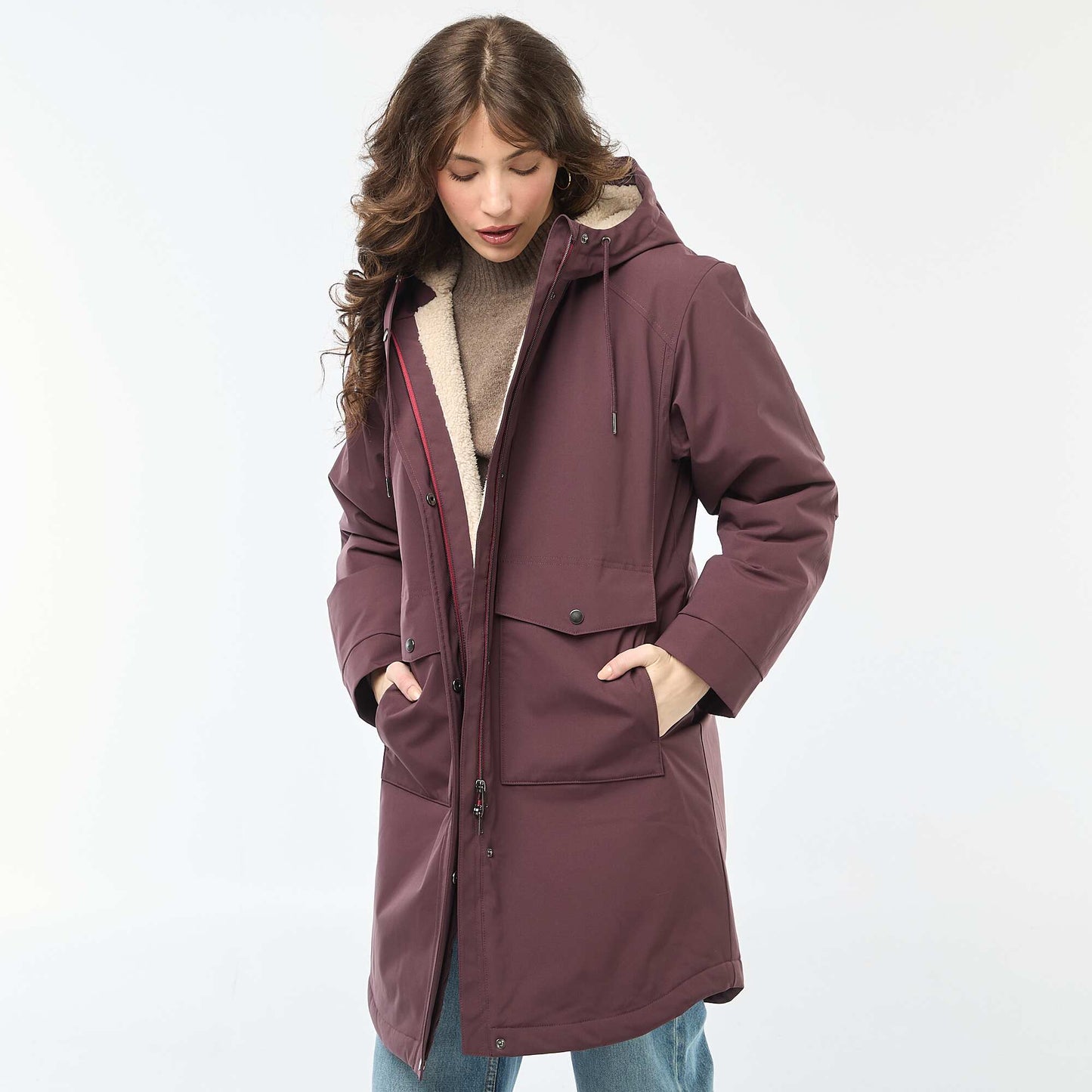 Parka longue à capuche doublure effet moutonné VIOLET