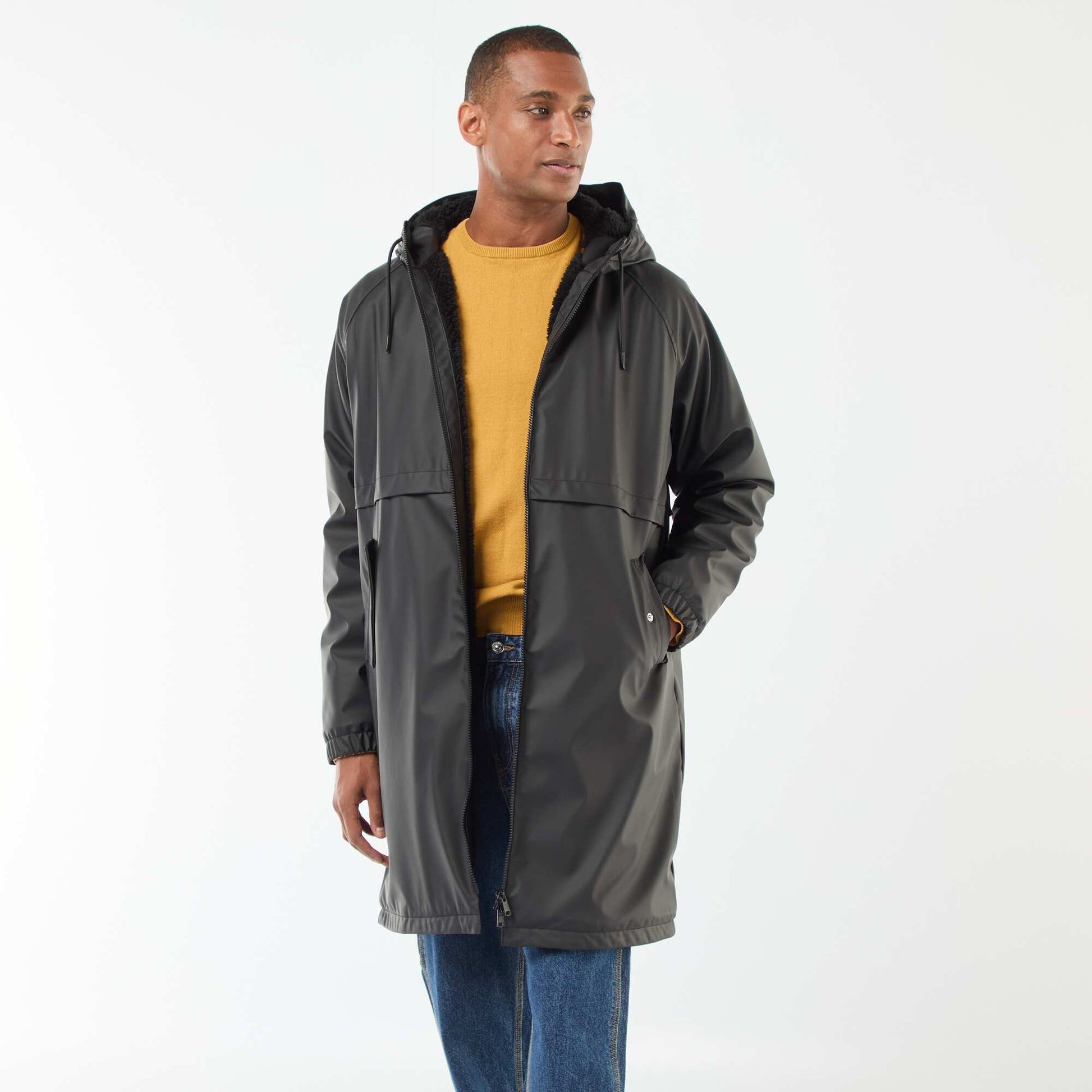 Parka longues déperlantes à capuche avec doublure chaude NOIR
