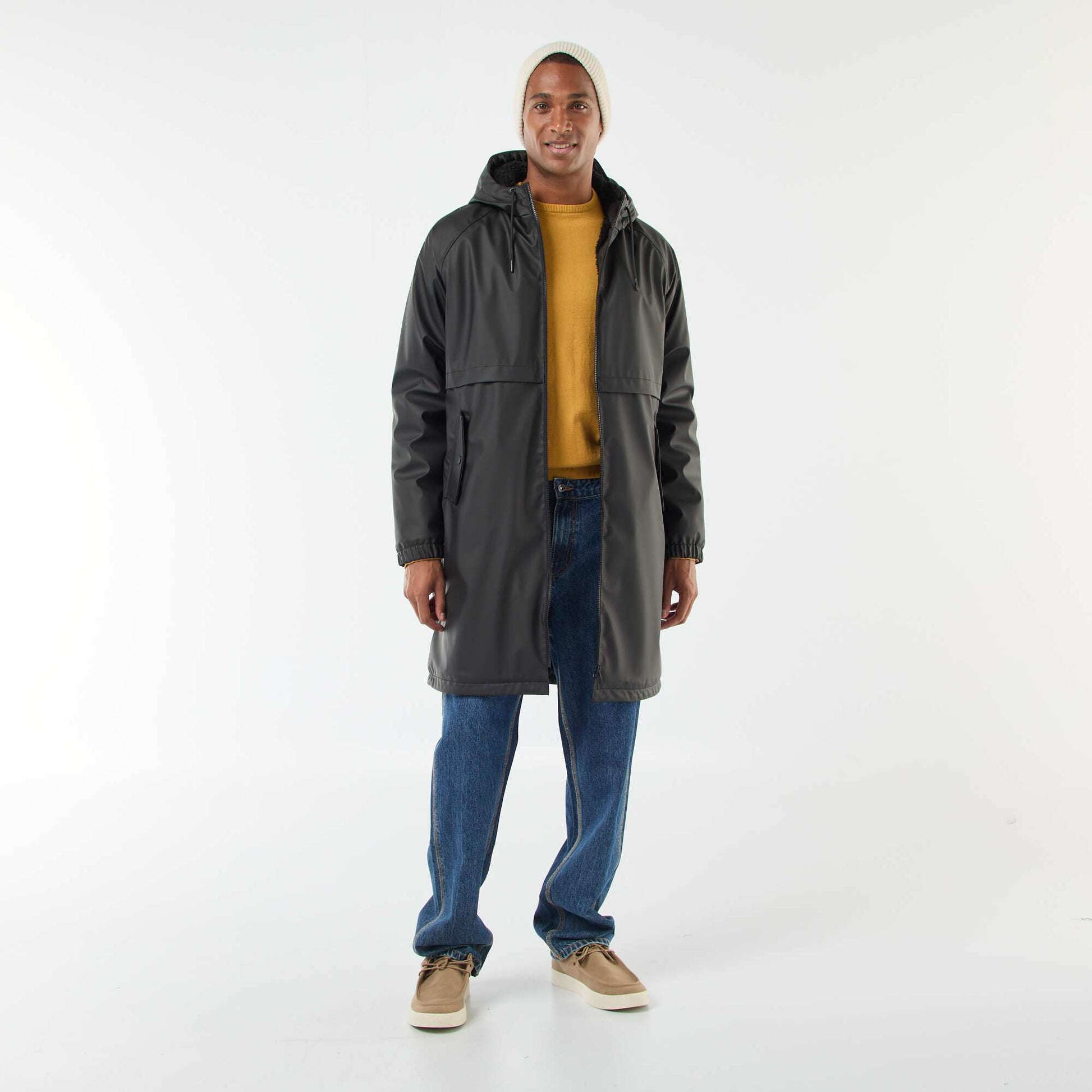 Parka longues déperlantes à capuche avec doublure chaude NOIR