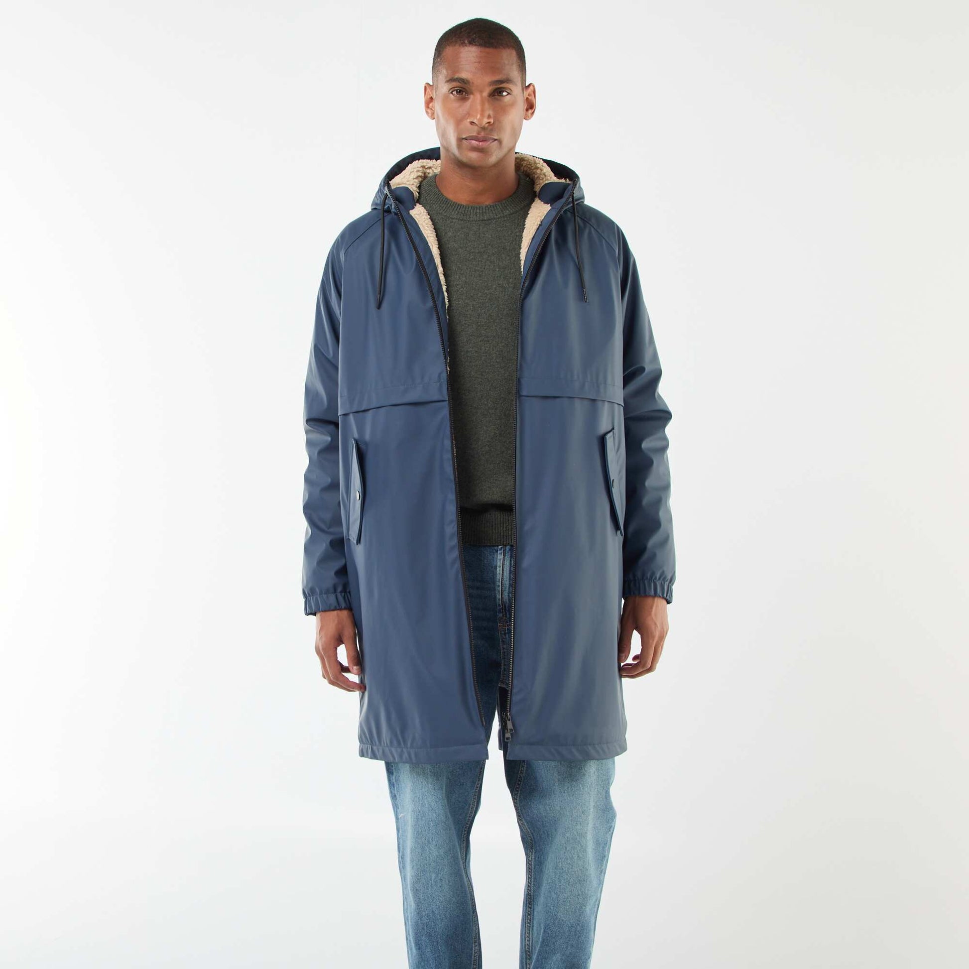 Parka longues déperlantes à capuche avec doublure chaude BLEU