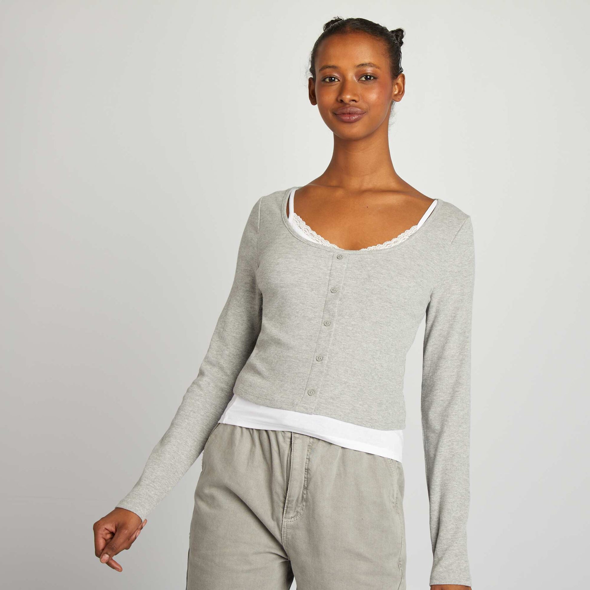 T-shirt manches longues effet 2 en 1 GRIS