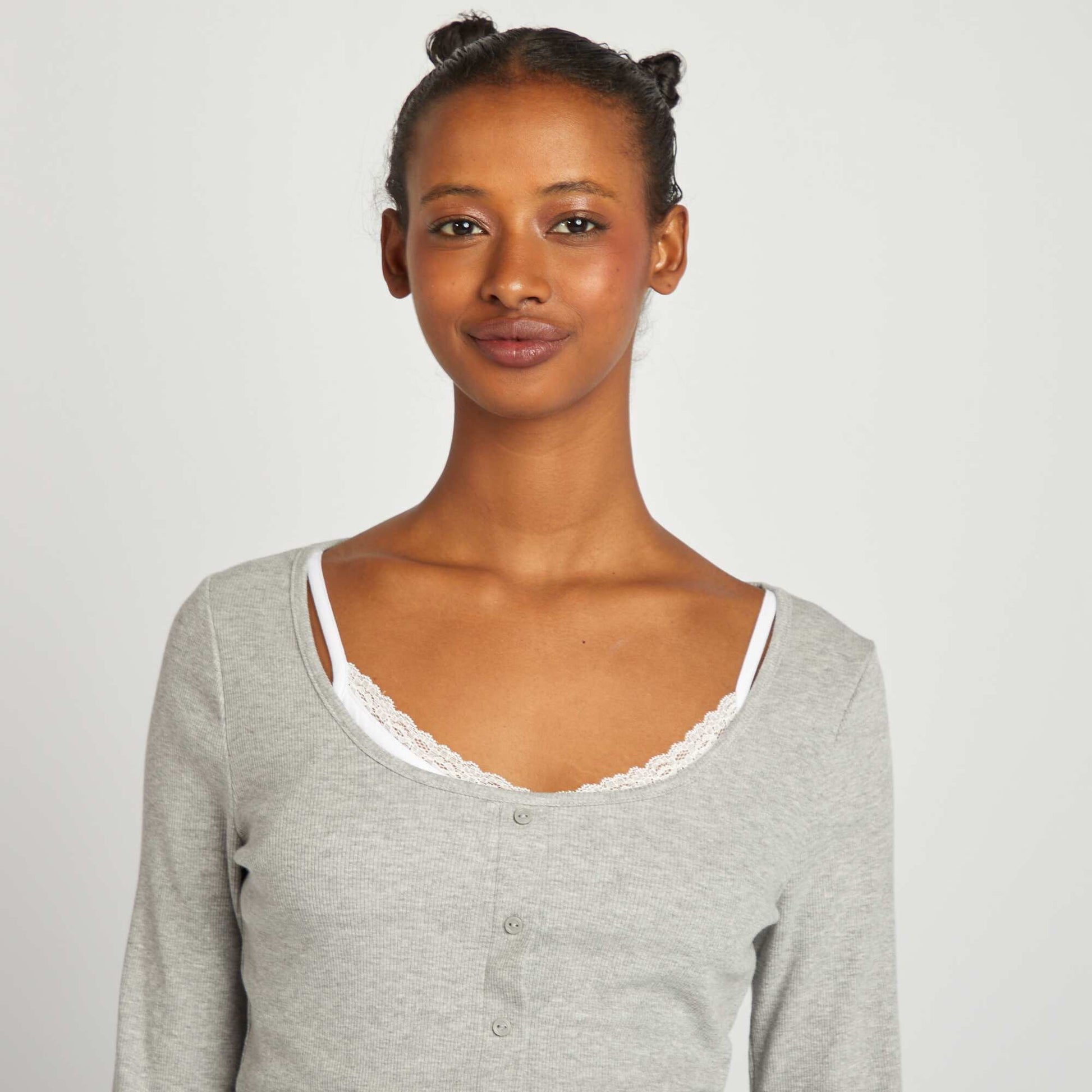 T-shirt manches longues effet 2 en 1 GRIS