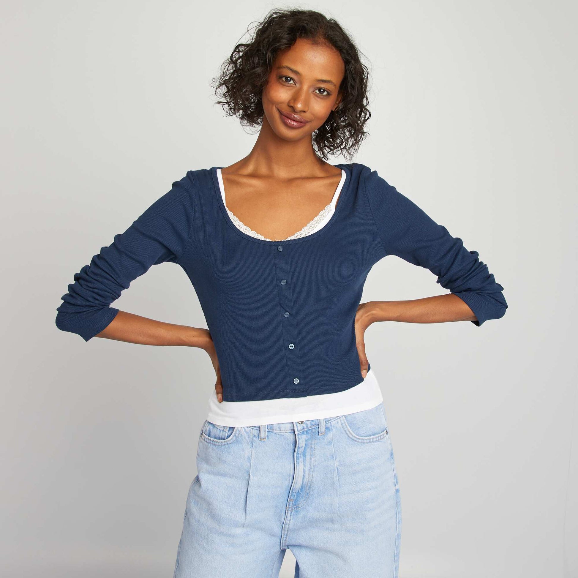 T-shirt manches longues effet 2 en 1 BLEU