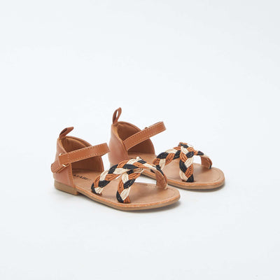 Sandales multi-brides tressées avec fermetures à scratchs MARRON