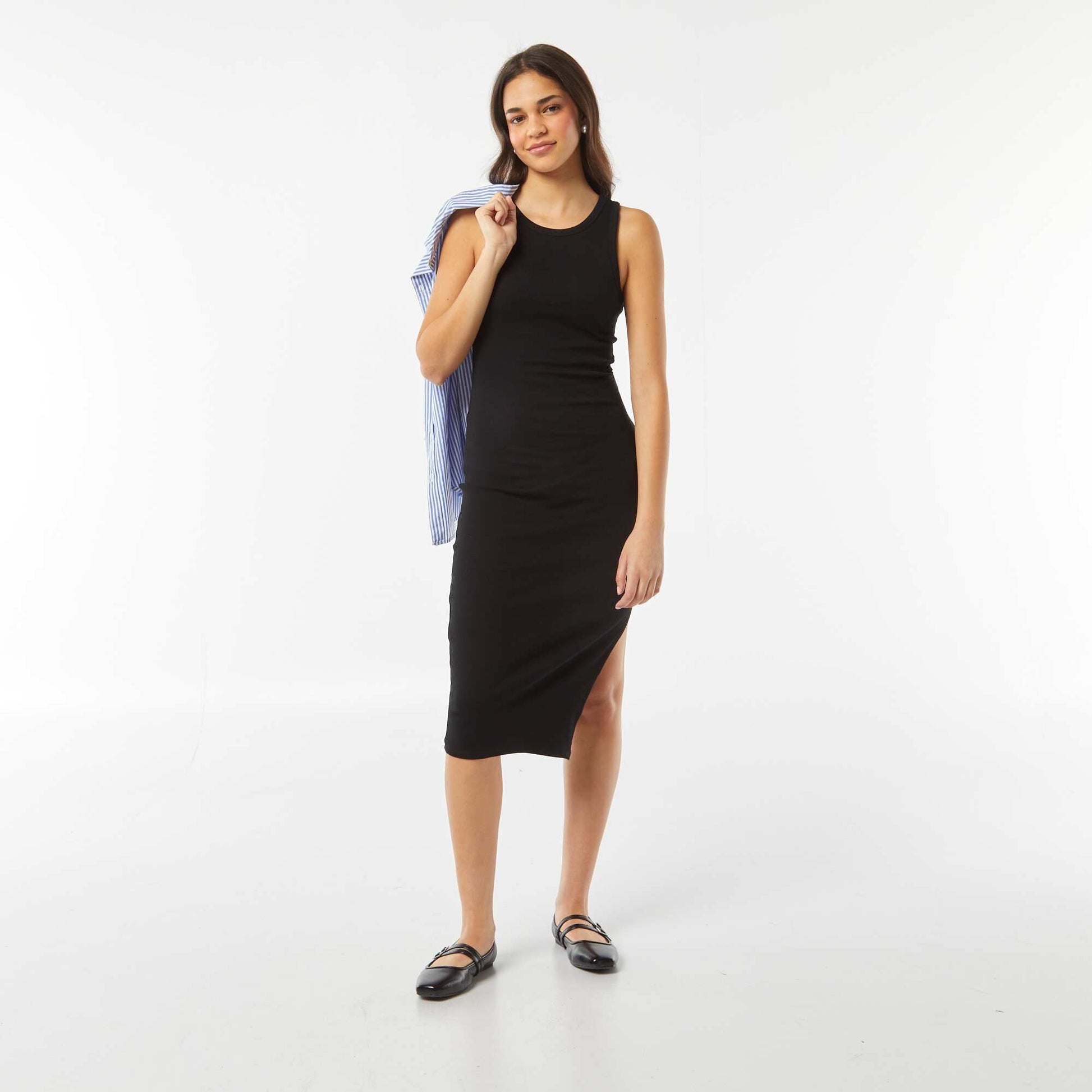 Robe longue moulante en maille côtelée sans manche moulante NOIR