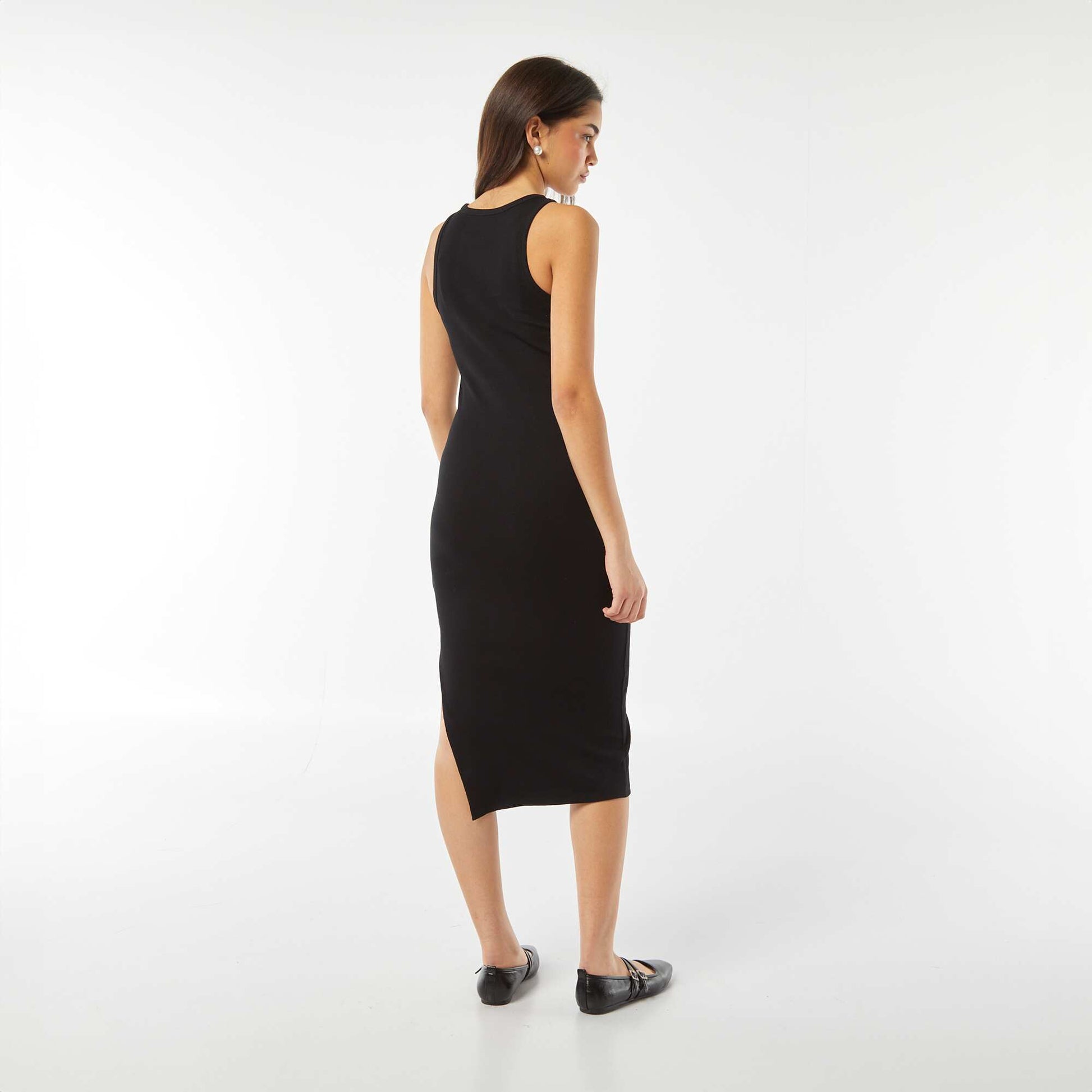 Robe longue moulante en maille côtelée sans manche moulante NOIR