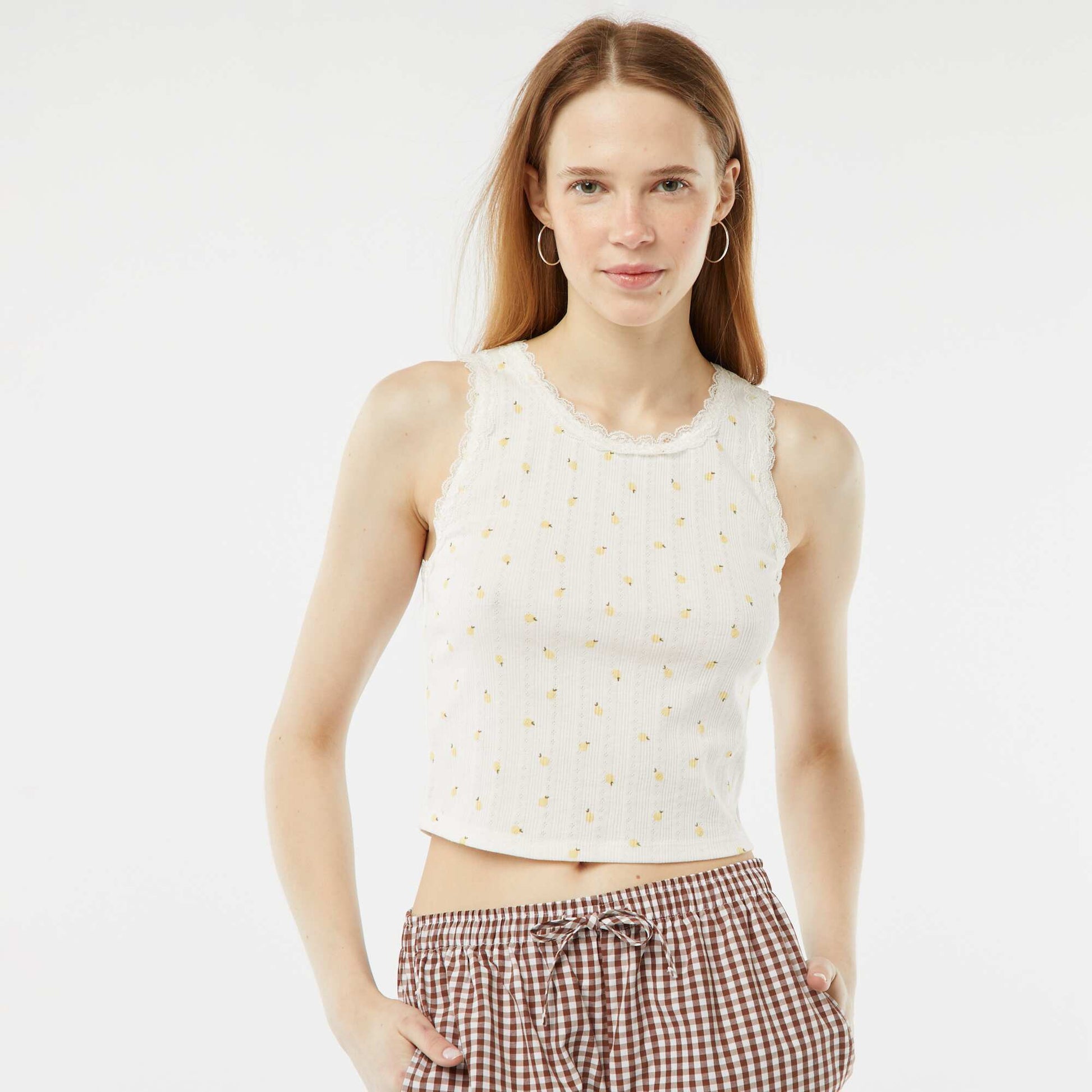 Débardeur en maille pointelle avec dentelle et motif BLANC