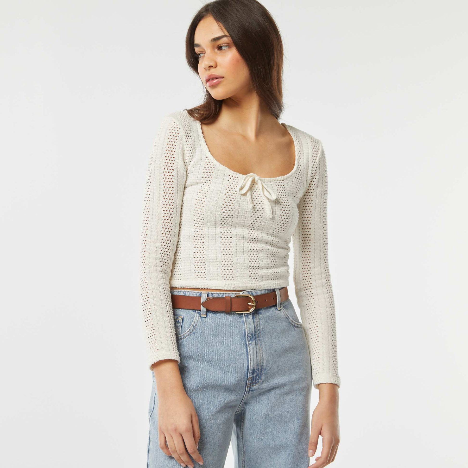 T-shirt à manches longues en crochet avec maille ajourée BLANC