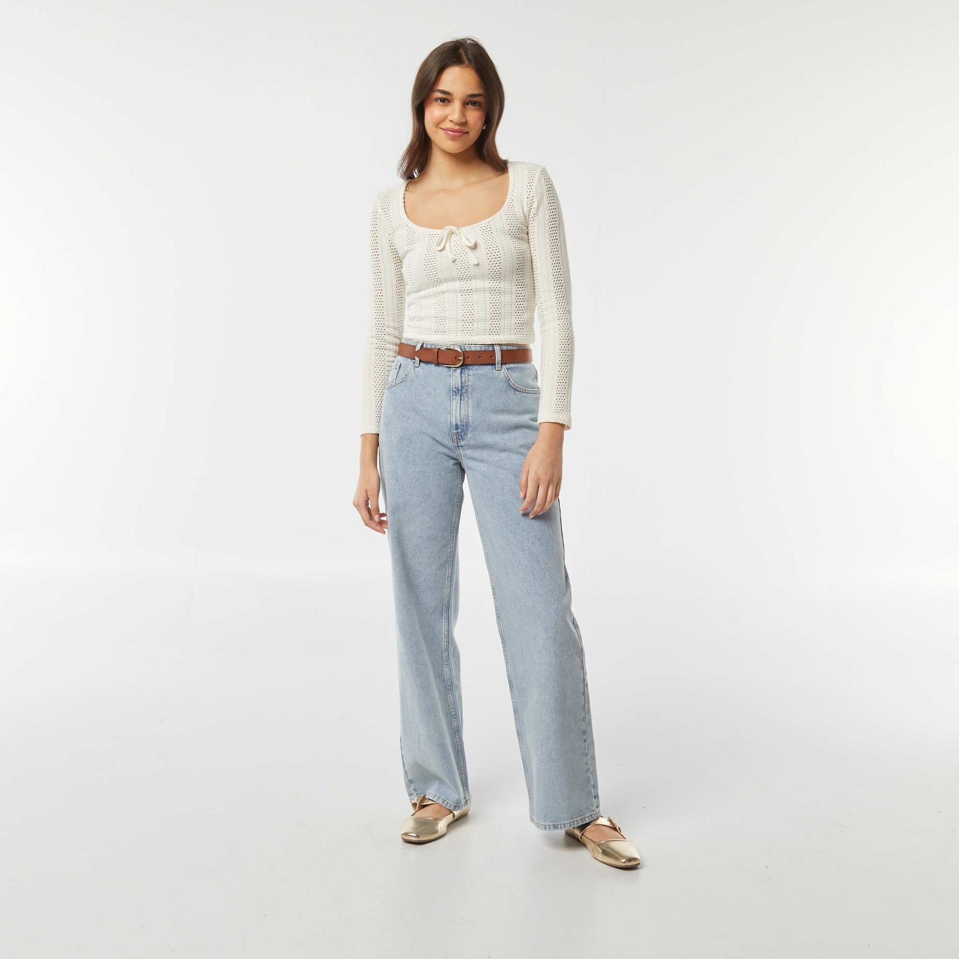 T-shirt à manches longues en crochet avec maille ajourée BLANC
